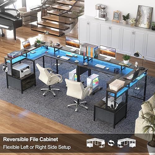 Vista 7 de L Shaped Desk with Power Outlet and LED Strip, Reversible L Shaped Computer Desk with File Drawer, Corner Desk for Gaming Writing, Home Office Desk