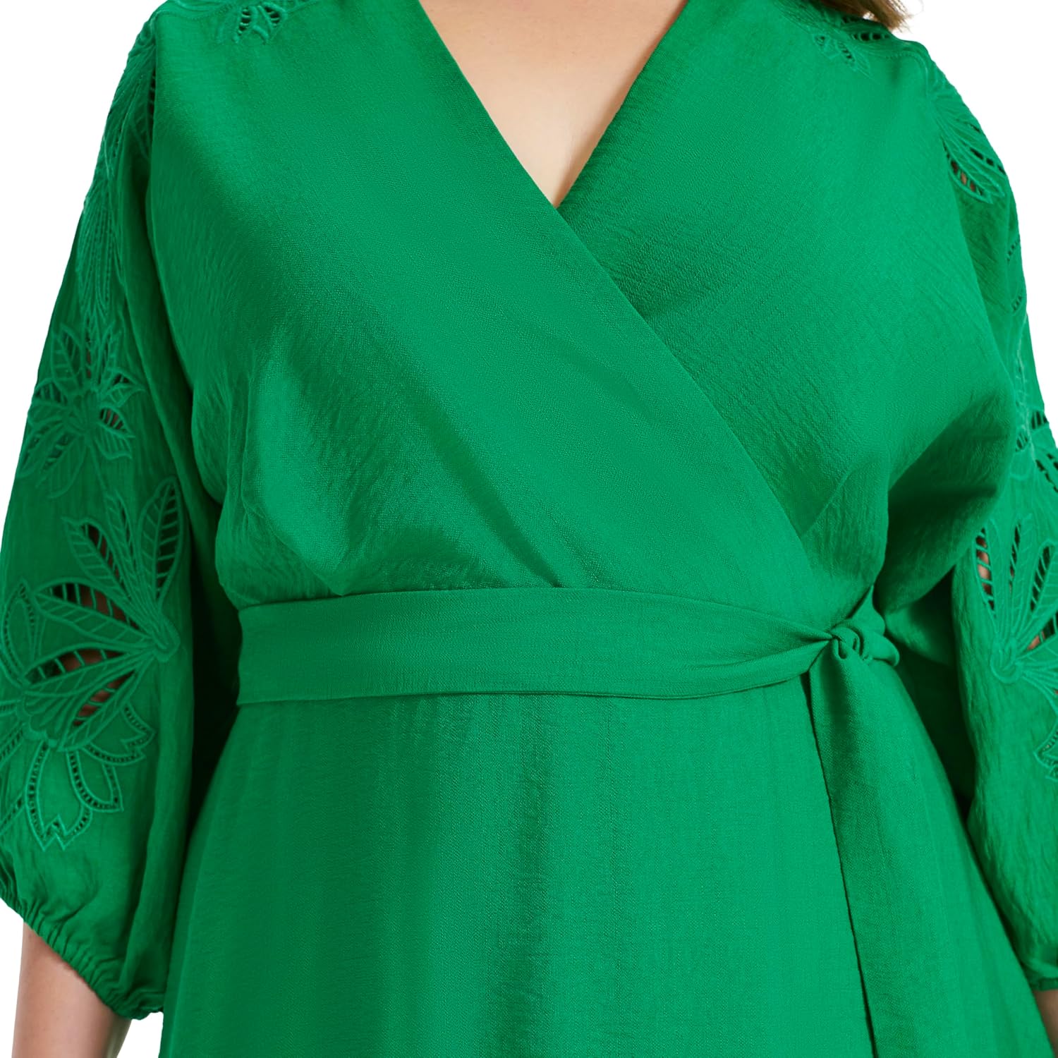 DKNY Women's Long Balloon Sleeve Surplice Neck Mini Eyelet Embroidery Belted Dress