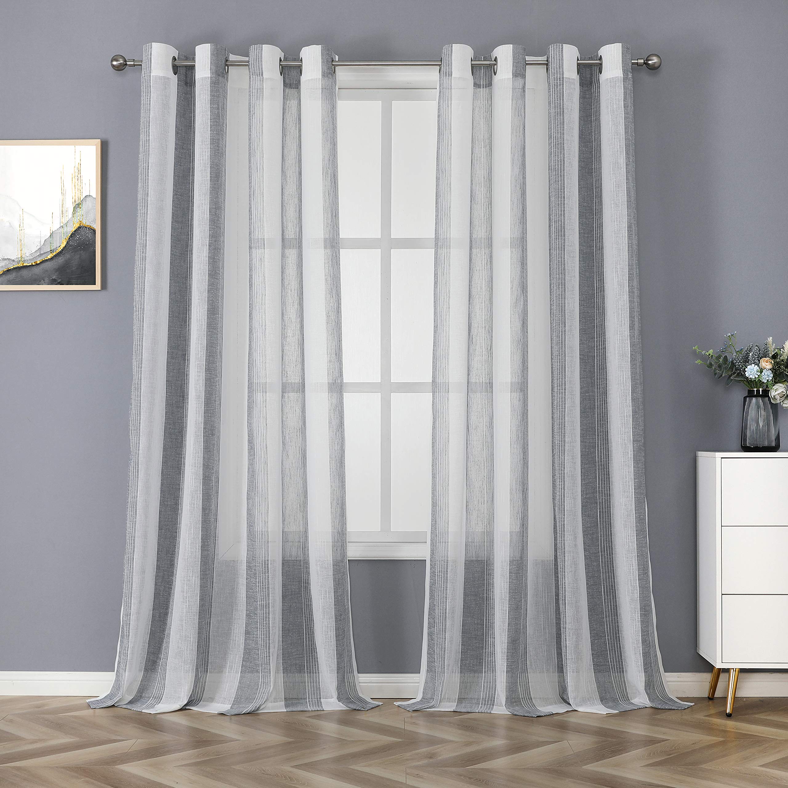 Lintimes Sheer Grey and White Stripe Farmhouse Curtains,Boucle Linen Window Curtain Panel Pairs Yarn Dyed Woven 90 Inches Long for Living Room Bedroom 2 Pack Eyelet Rustic Living Panels W52 x L90 Inch