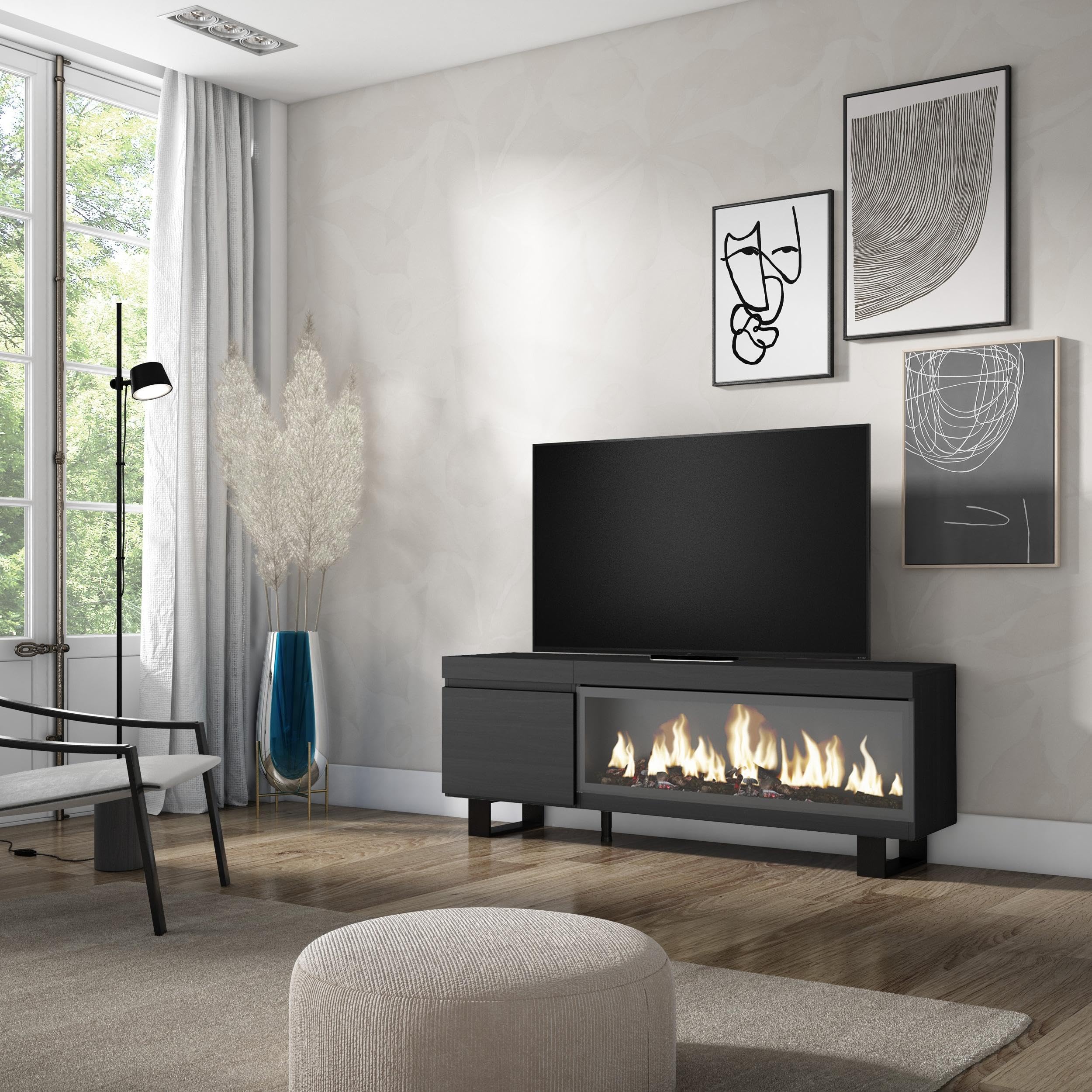 Mobile TV Skraut Home Con Camino Elettrico LED, 3 Moduli, Finitura Effetto Cemento, 368x45x35 Cm, Stile Moderno