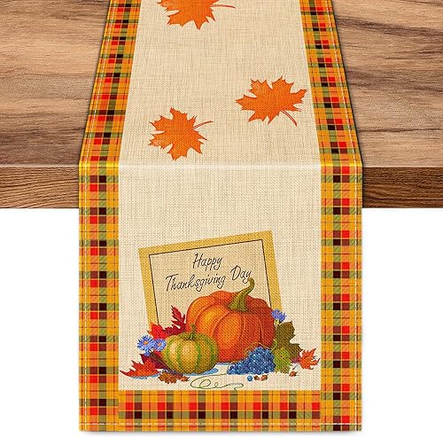 Camino de mesa de otoño, 13 x 72 pulgadas, hojas de arce naranja, calabazas, temporada de otoño, camino de mesa de Acción de Gracias para el hogar,
