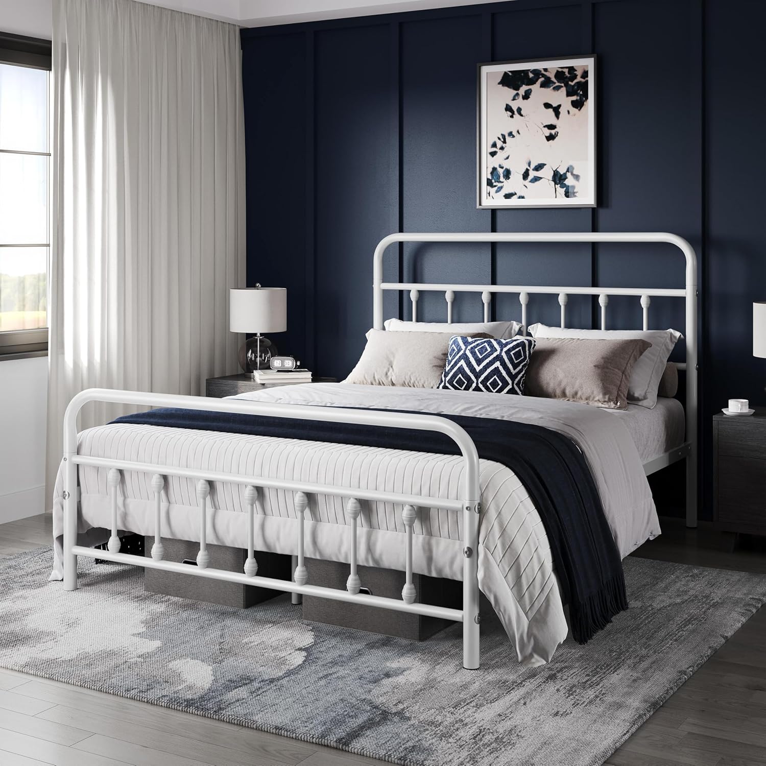 Yaheetech Classic Metal Platform Bed Frame Mattress Foundation with Victorian Style Iron-Art Headboard/Footboard/Under Bed Storage/No Box Spring Needed/Queen Size White - Image 3