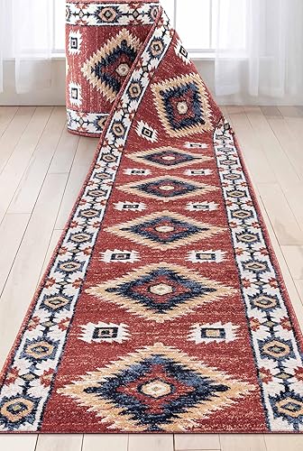 Well Woven Alfombra para pasillos y escaleras de tamaño personalizado - Elija la longitud - Lizette Rojo tradicional medallón de 66 cm de ancho x 61