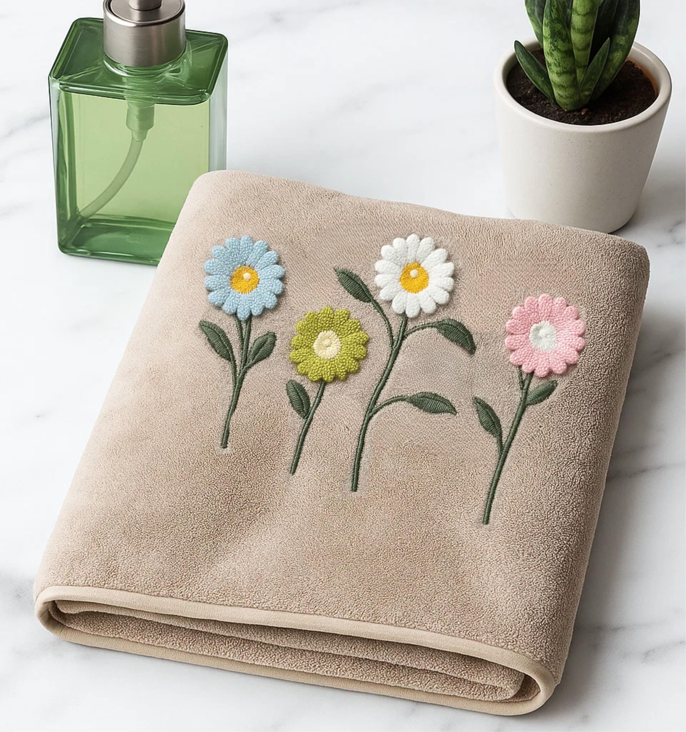 Floral Embroidered Bath Towel | Premium Soft Microfiber | Quick-Dry, Lightweight & Absorbent | Cream 30 x 60 Inch Towel with Pastel Daisy Design for Bathroom, Spa & Travel (Light-Taupe)-image-16