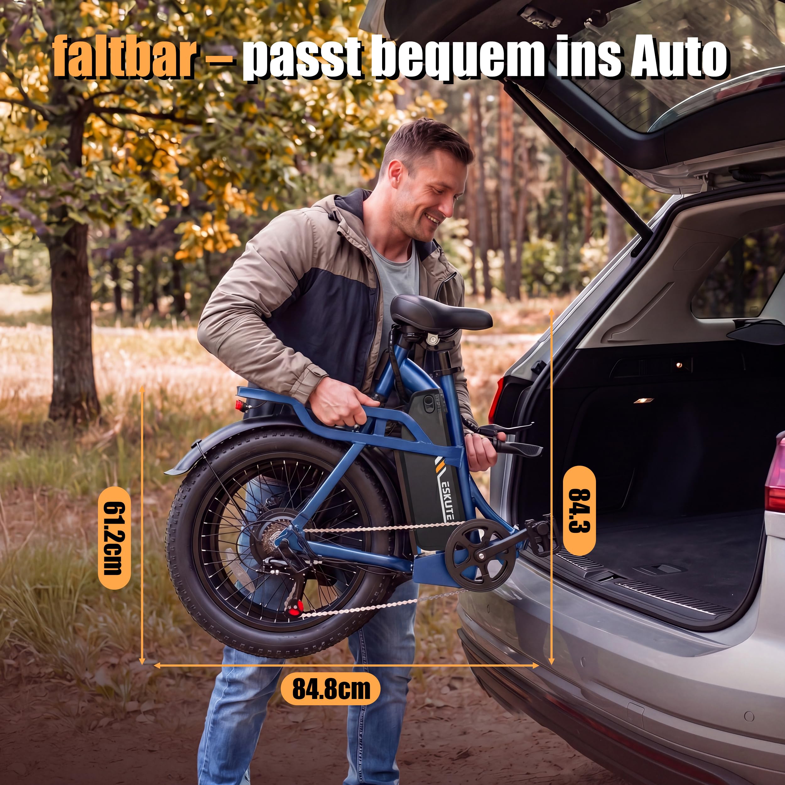 ESKUTE E-Bike D202 PRO, 20×4 Zoll faltbares Fatbike, 48V 20,8Ah Akku, bis 100 km Reichweite, 250W Motor, 7-Gang Schaltung, für Herren & Damen, Gelände, Strand & Schnee