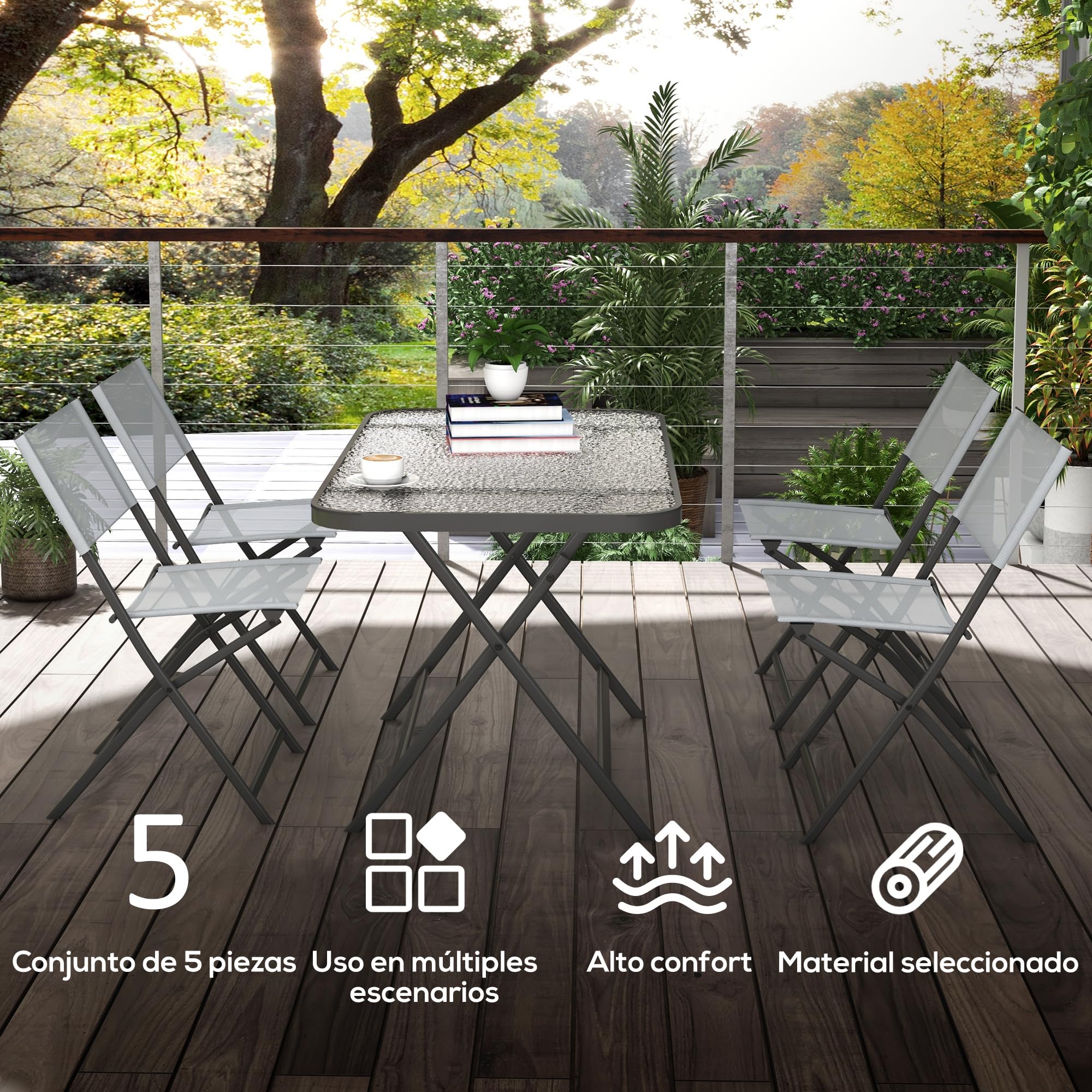 Outsunny Conjunto de Jardín Conjunto de Comedor de Exterior de 5 Piezas Incluye 1 Mesa de Vidrio Templado y 4 Sillas Plegables Estilo Moderno para Terraza Patio Gris