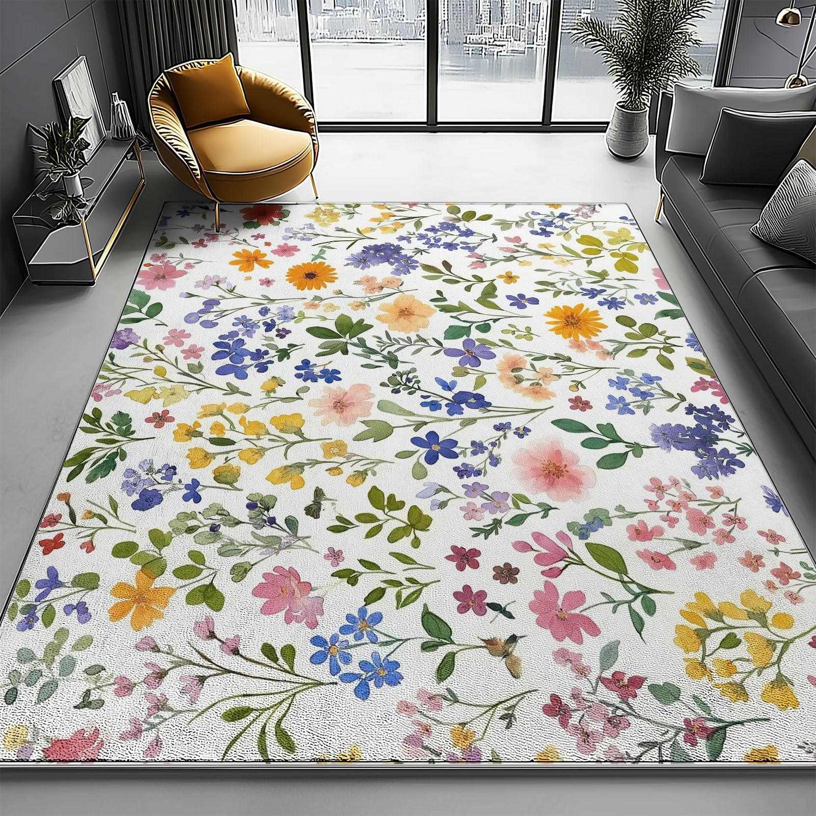 Tapis de Salon 80x150 cm Antidérapant Lavable en Machine Motif Aquarelle Fleurs Sauvages