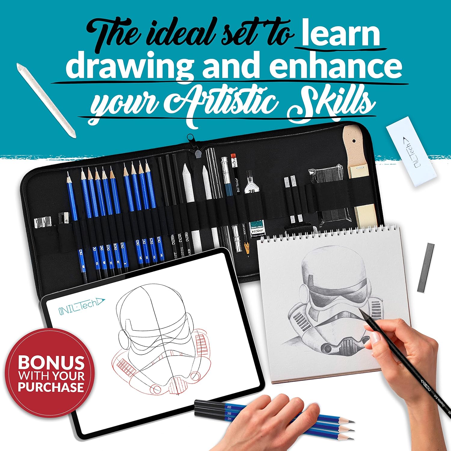 NIL - TECH Sketching Essentials Bundle : 37-Piece Graphite Drawing Pencils and Sketching Kit, paired with a Toned Tan Sketchbook (70 Sheets)