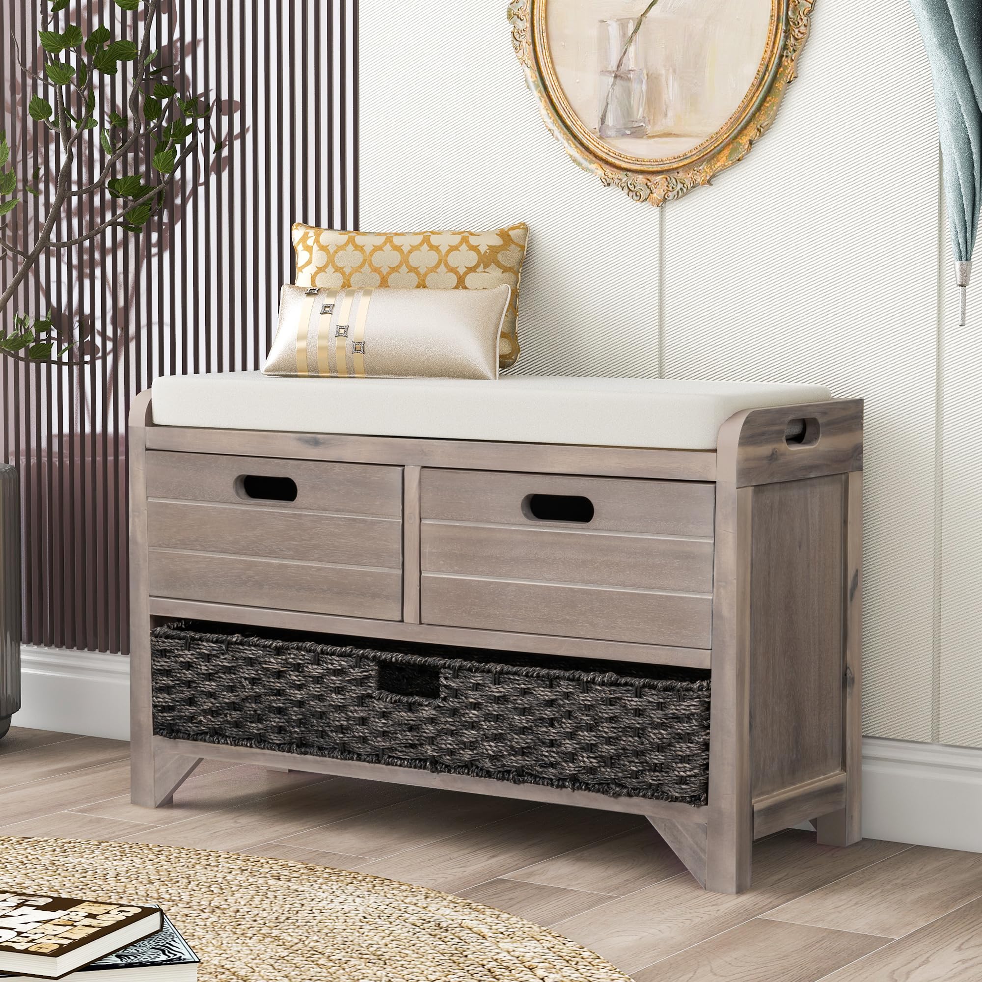 SOFTSEA Storage Bench with Drawers and Basket
