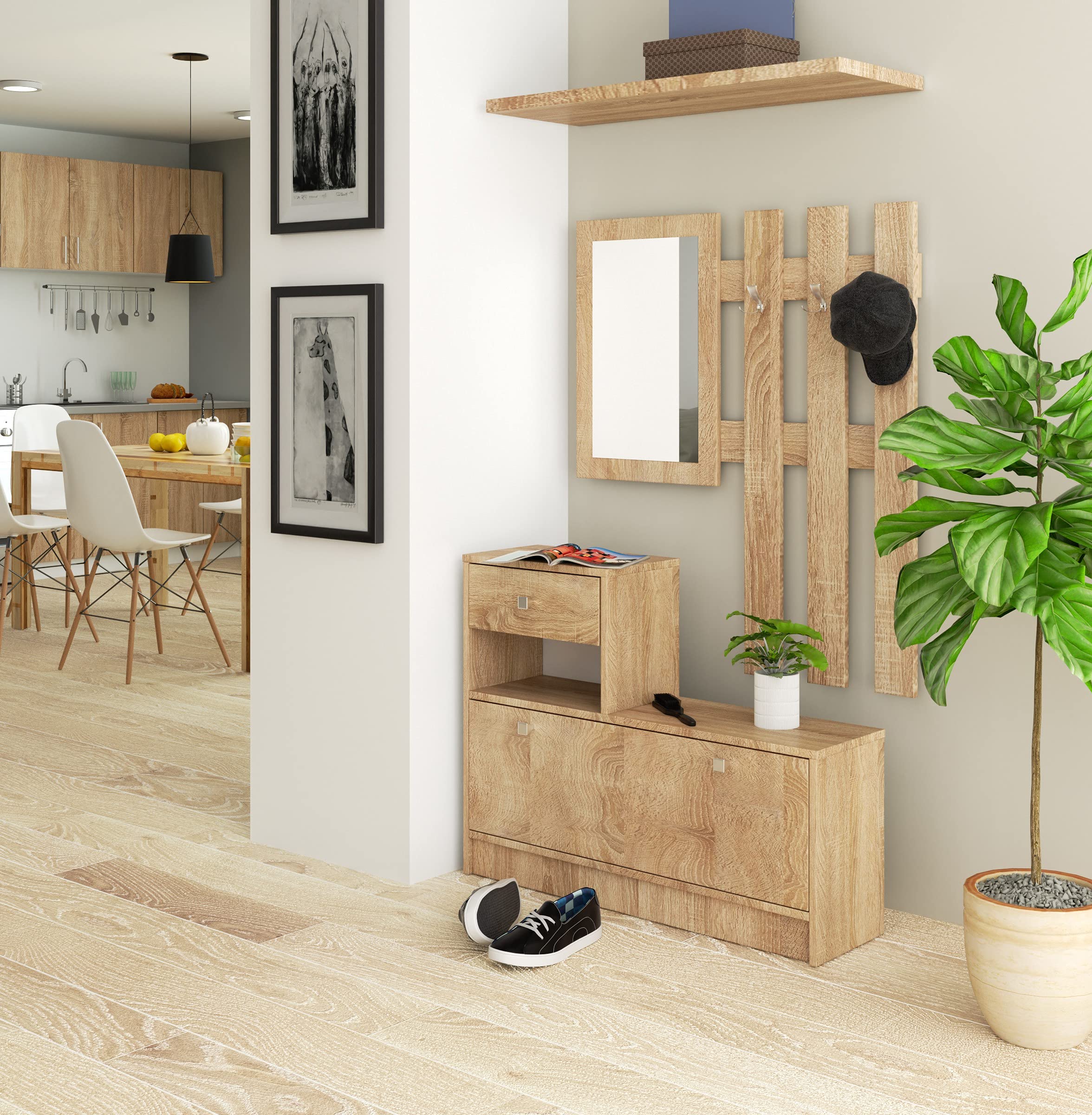 AKORD Ensemble Armoire 2 Parties | Banc Meuble Chaussure avec Cintre et Tiroir | L90 x H70 x P25 cm et Armoire Murale avec Miroir L90 x H100 cm Poids 39 kg | Commode Rangement Chaussures