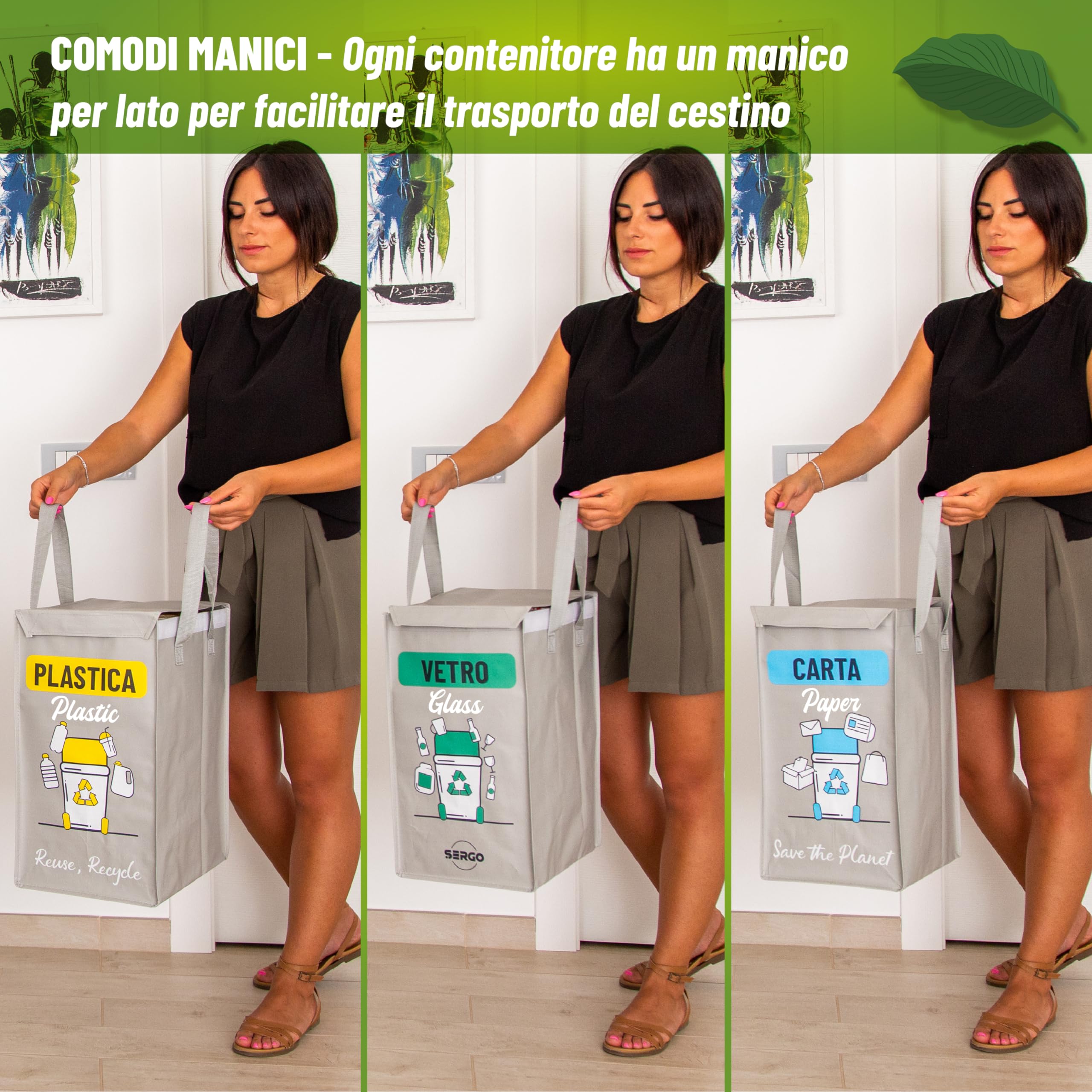 SERGO Borse Raccolta Differenziata con Coperchio - Contenitori Differenziata Interno e Esterno per Plastica, Carta e Vetro - Pattumiera differenziata 3 scomparti color Grigio chiaro
