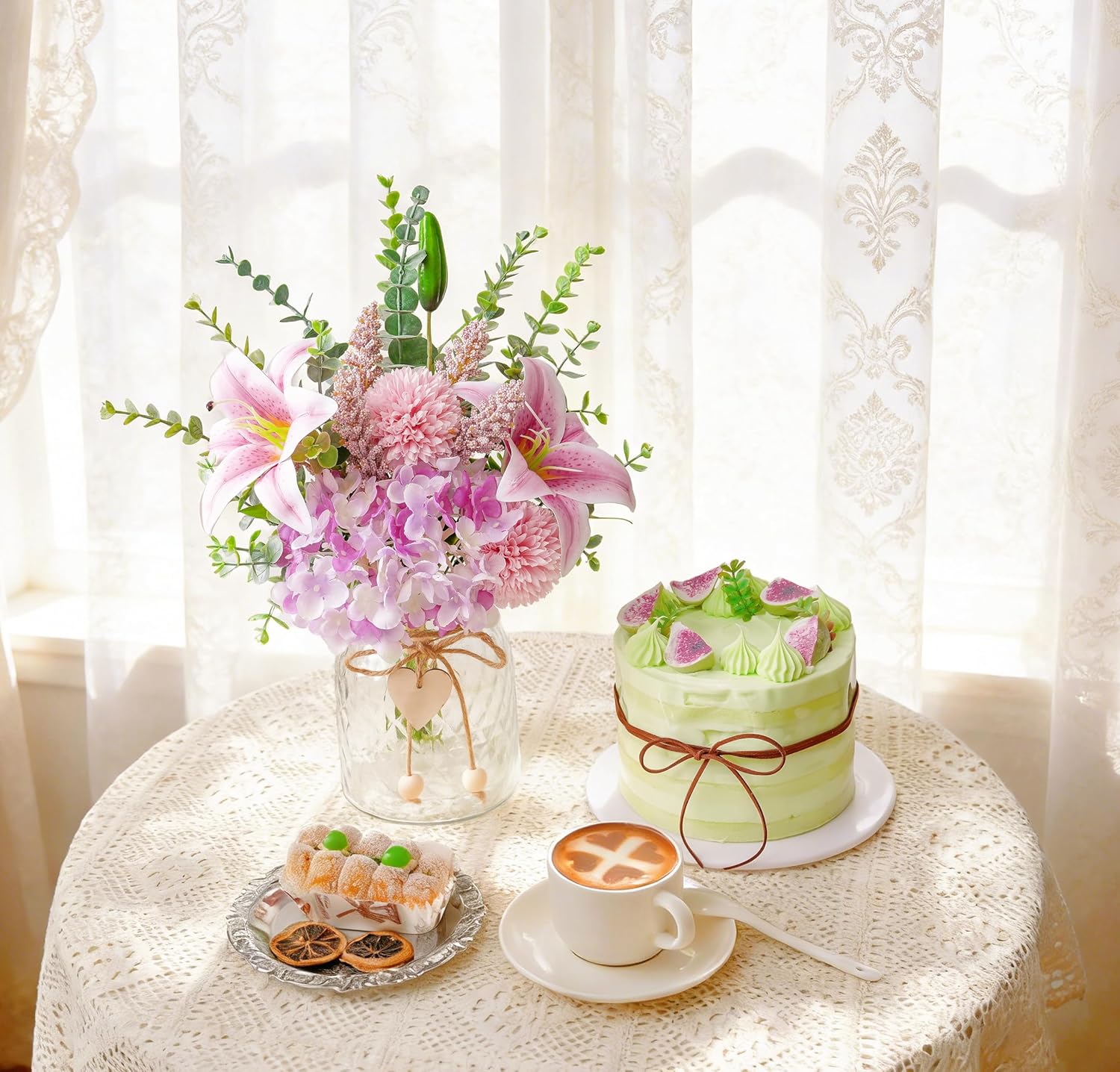LUEUR Faux Flowers with Vase, Artificial Silk Flowers in Vase, Fake Pink Lily,Purple Hydrangea and Dandelion flower, Arrangement for Home Spring Decor Dining Table Centerpiece Decorations Coffee Table