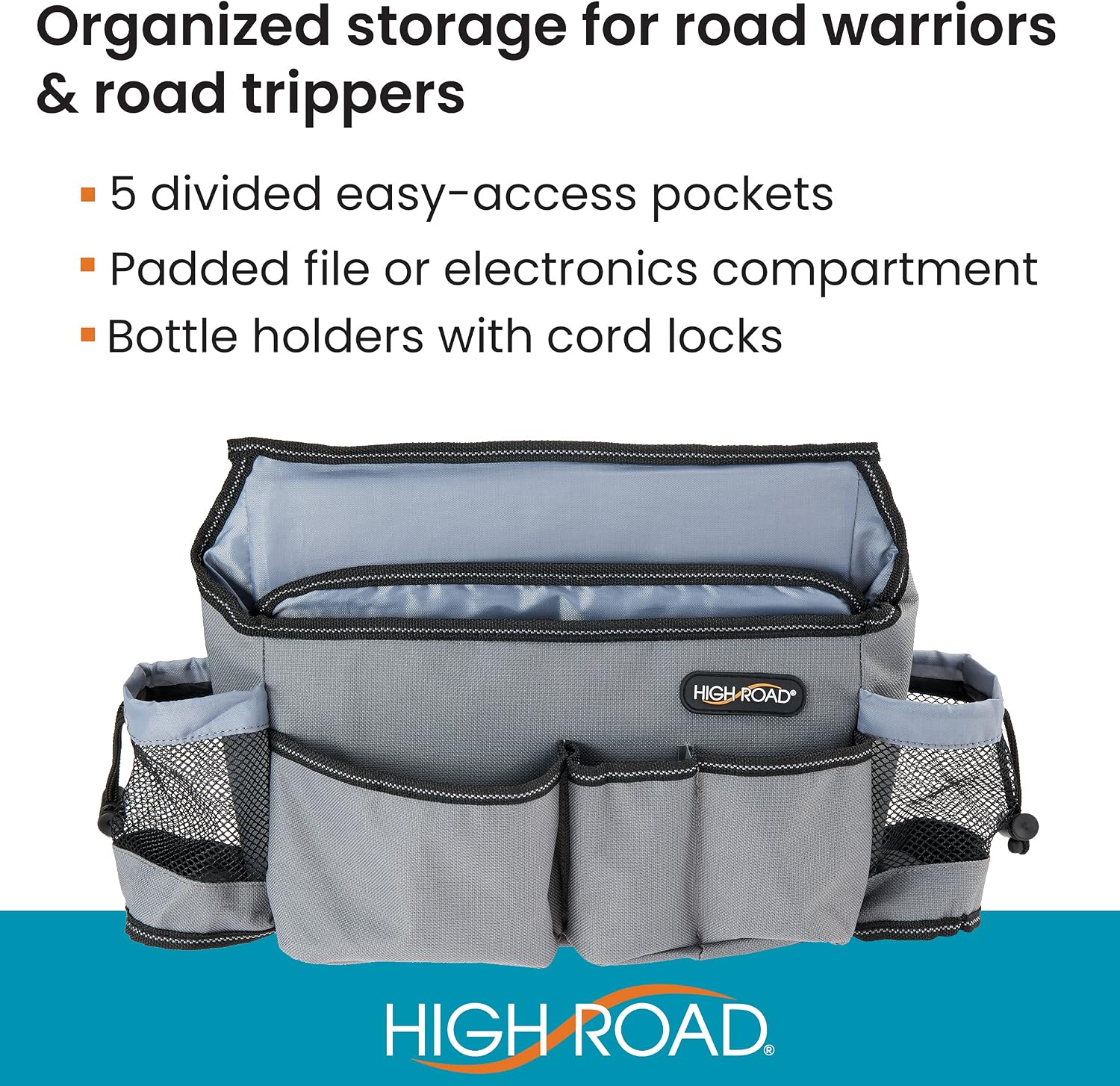 High Road SwingAway Front Seat Car Organizer for Daily Driving Essentials with Side Bottle and Cup Holders