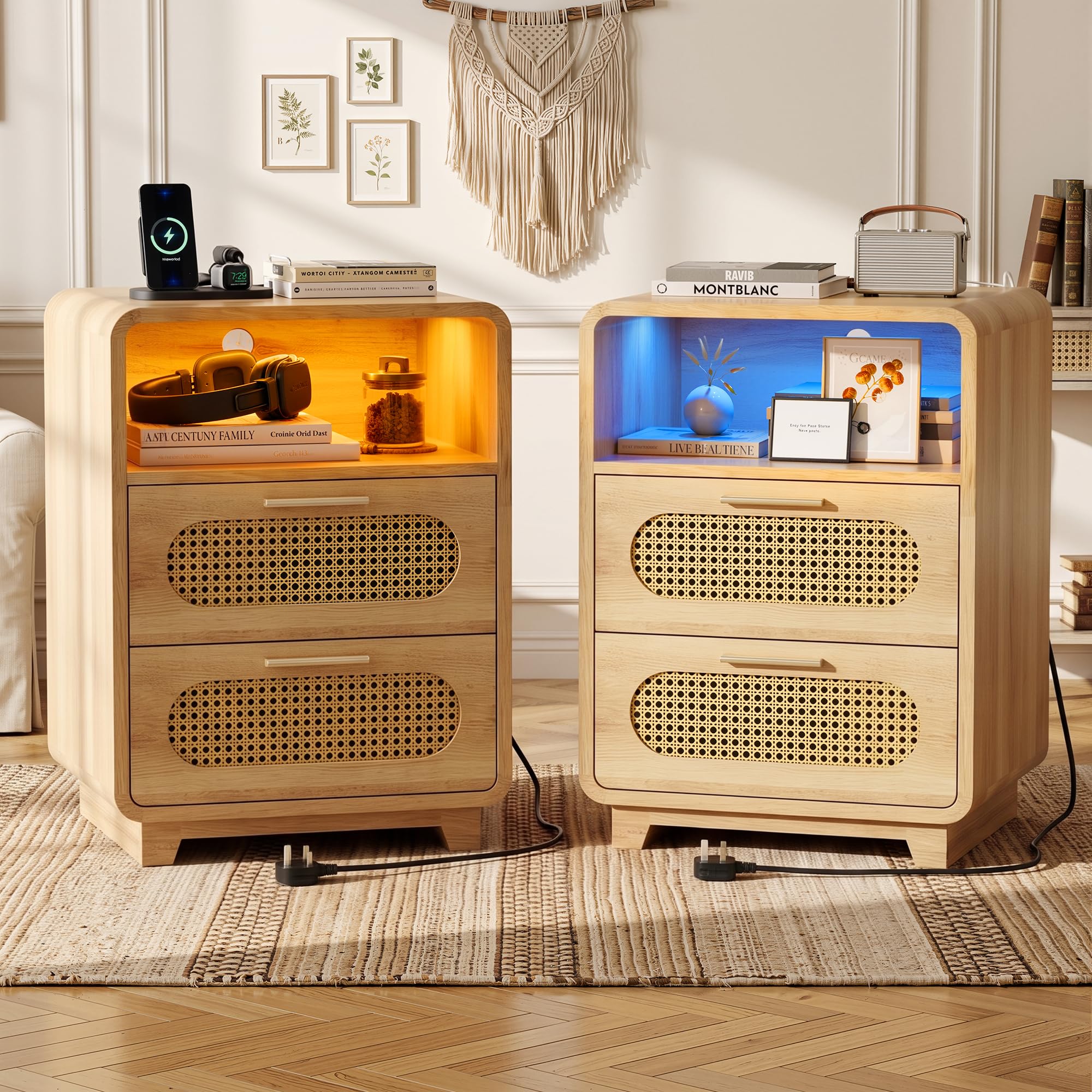 BonVache Bedside tables Set of 2, LED Lights & Charging Station, Oak Rattan