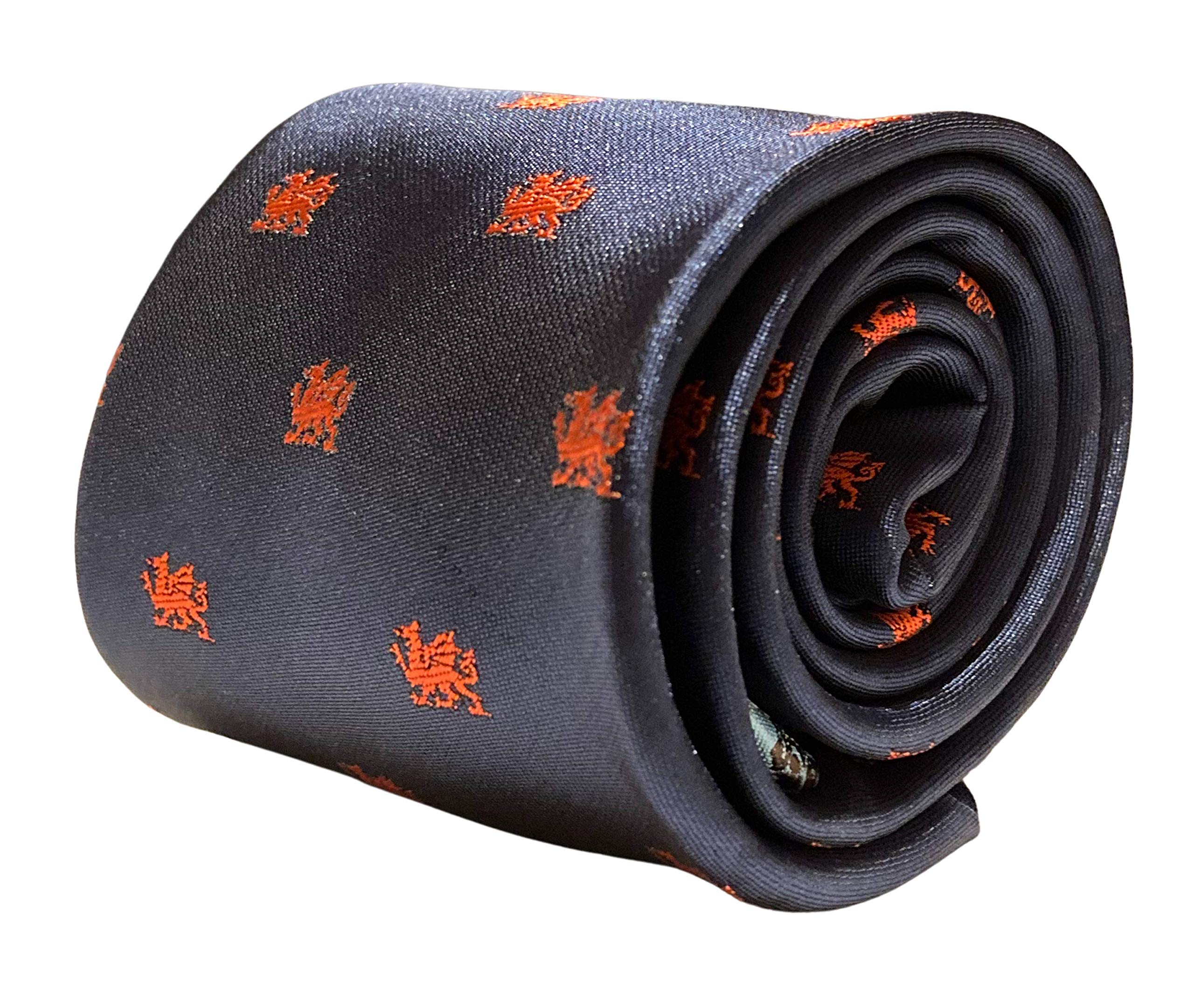 Frederick Thomas Men's Navy Blue ’S Tie With Red Welsh Dragon Design, Classic 8Cm Width, Six Nations Rugby Style, Microfibre Material, Classic Neckwear For Formal And Special Occasions