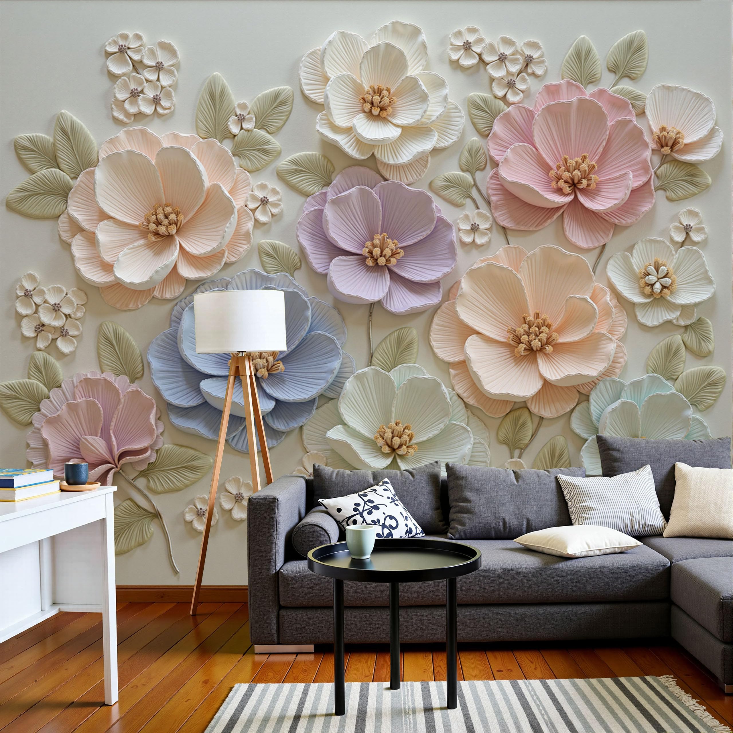 Papier peint panoramique relief pour masquer un mur terne avec un décor rose 3D