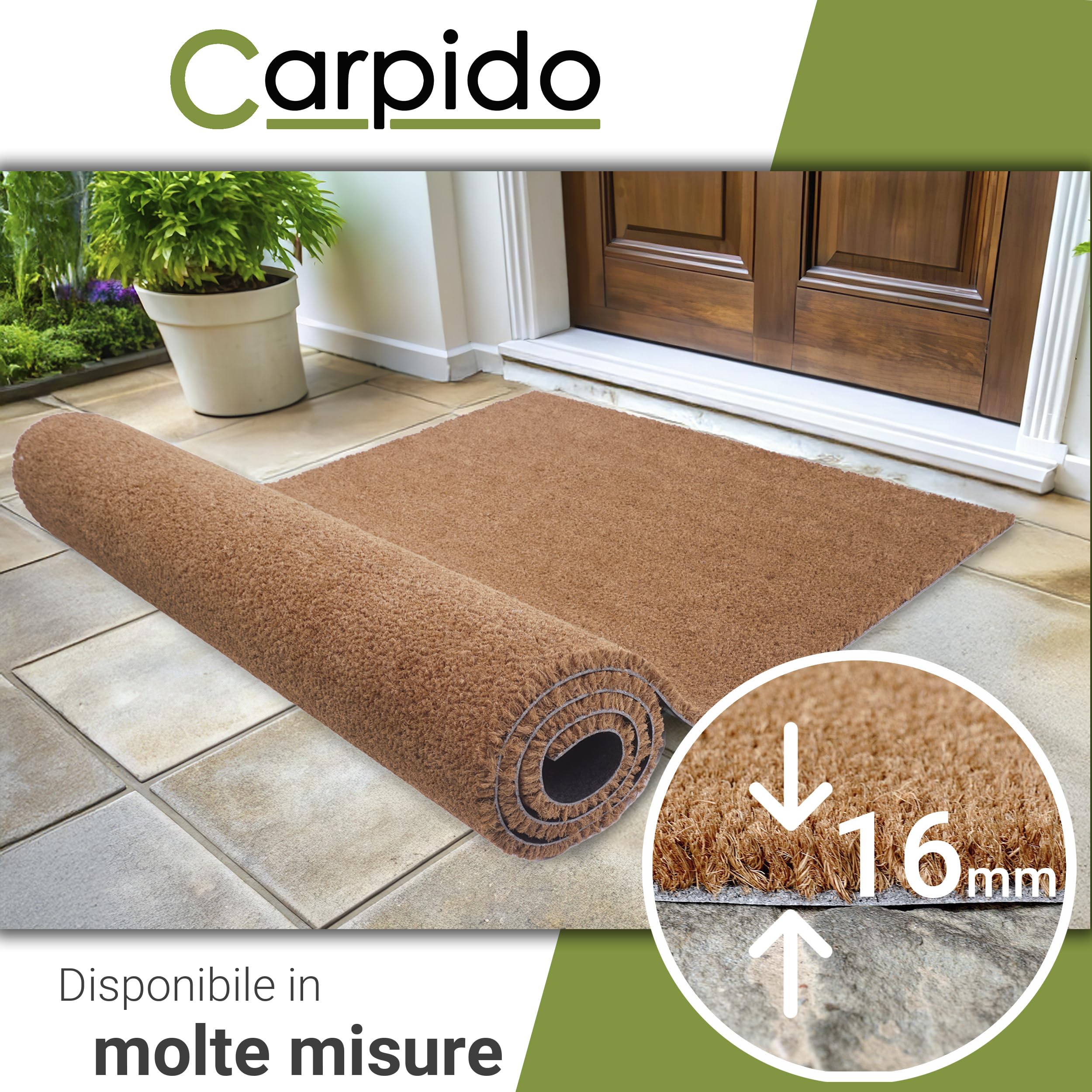 Carpido Zerbino cocco 150x200 cm molto resistente - Tappetino in cocco 16mm antibatterico naturale - Zerbino raschiapolvere ecologico