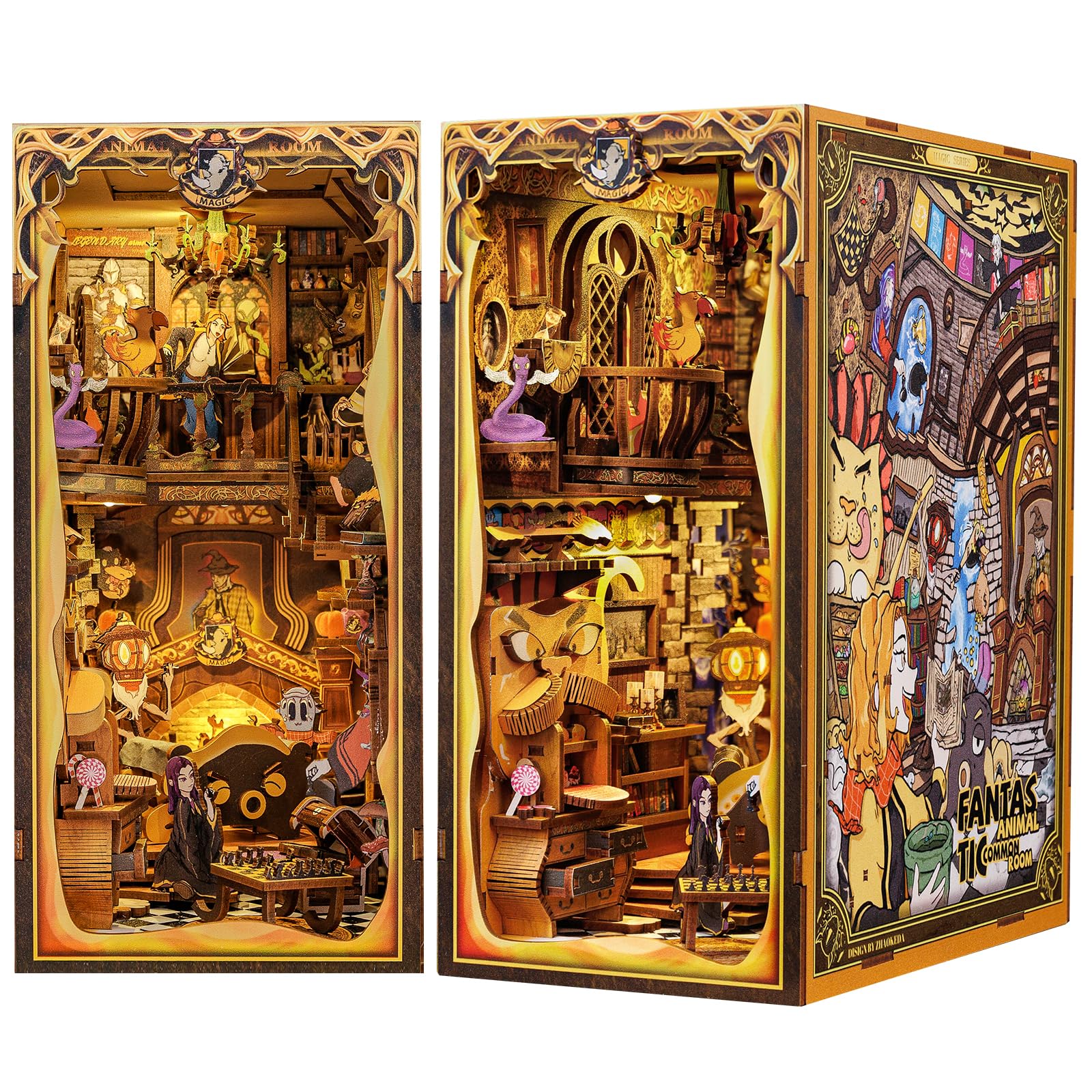 CUTEBEE DIY Book Nook Kit casa delle bambole con copertura miniatura diorama booknook kit con luce LED,3D kit di modellazione in legno,modellismo da costruire adulti (Fantastic Aimal Common Room)