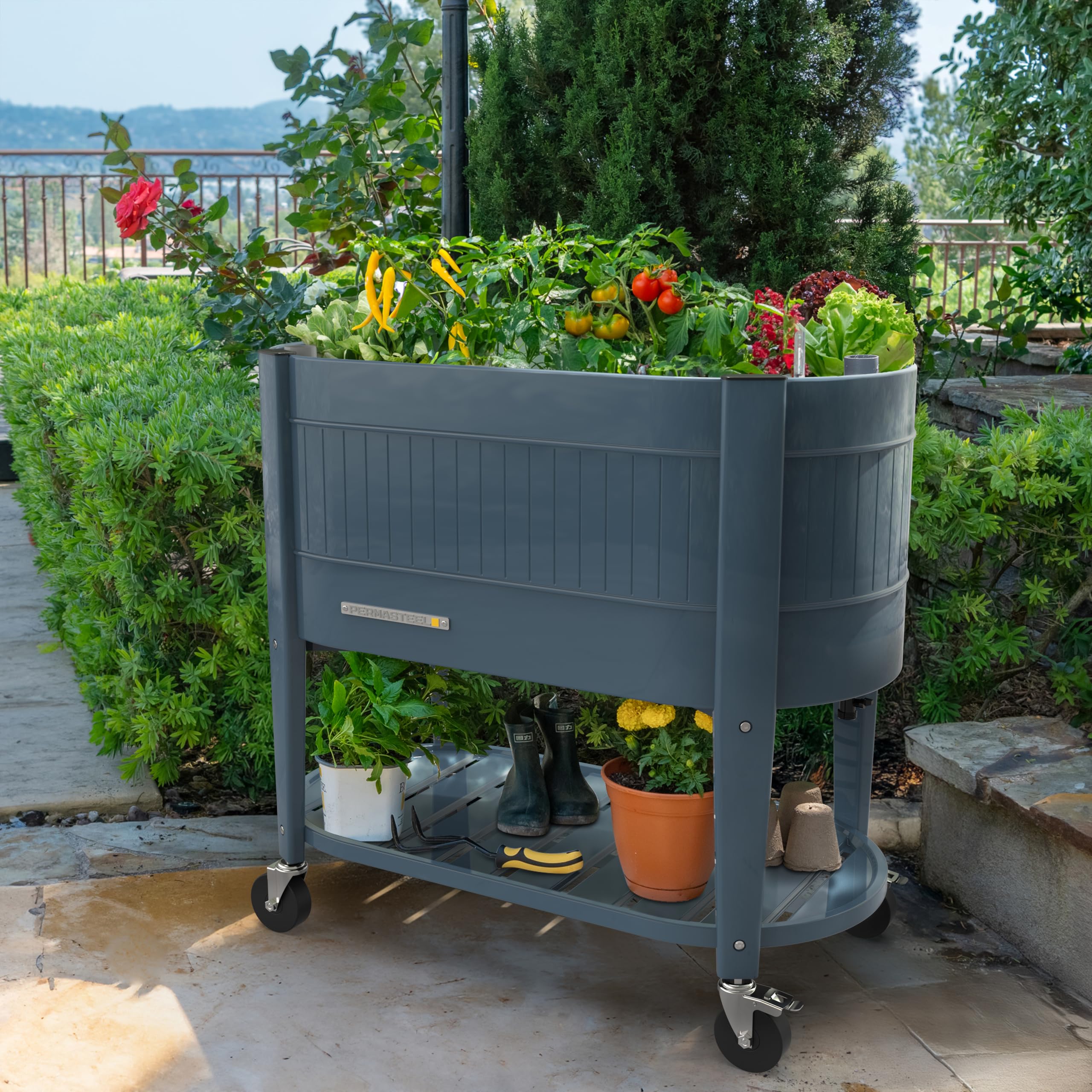 Permasteel Hochbeet Metall mit Rollen für Garten oder Balkon - Pflanzkübel groß außen 101x51x94 cm - Selbstbewässerungssystem, Wasserstandsanzeige und Ablassventil - Für Gemüse, Kräuter oder Blumen