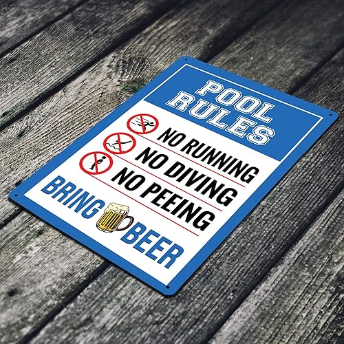 Miniatura 2 de JP's Parcels Letreros de hojalata para decoración de piscina, letrero de metal de 12 x 8 pulgadas, reglas de piscina, no correr, buceo o orina, trae
