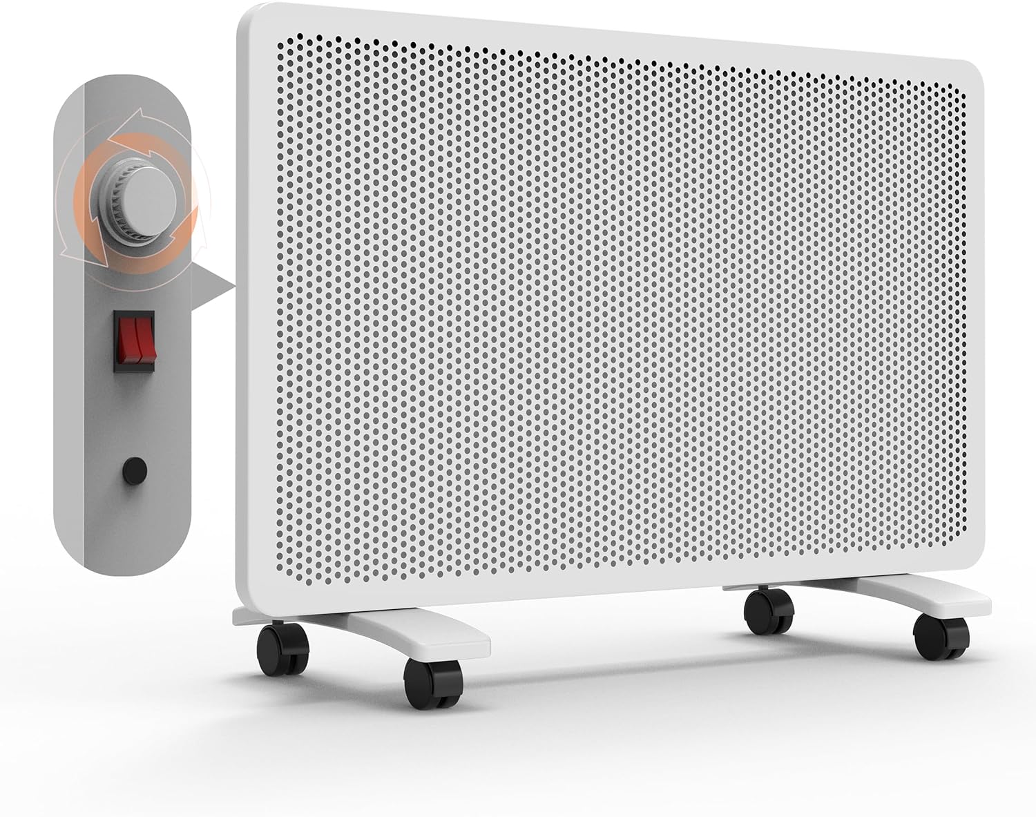 mica panel space heater, 1500w quiet electric room heater for indoor use, fast 10-second heating, adjustable thermostat, freestanding or wall mount, overheat & tip protection, white