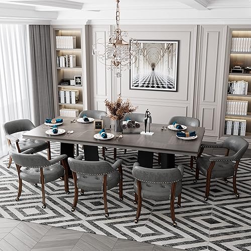 Miniatura 39 de Juego de 4 sillas de cuero de comedor con ruedas y brazos, silla de capitán Accent con ruedas, sillas de madera con ruedas enrollables para cocina y