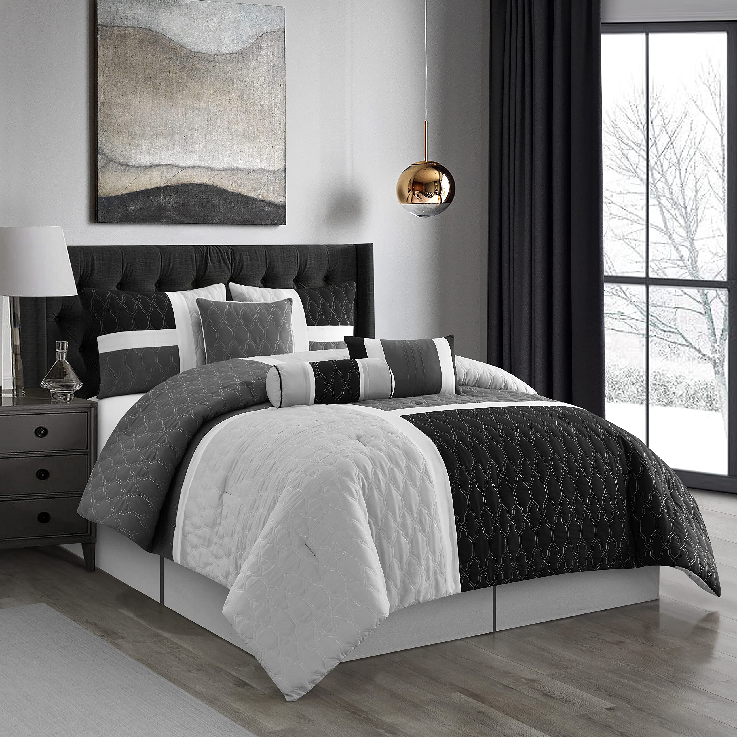 Grand Avenue Natalie 7 Piece Comforter Set, Grey, Bed Size Queen