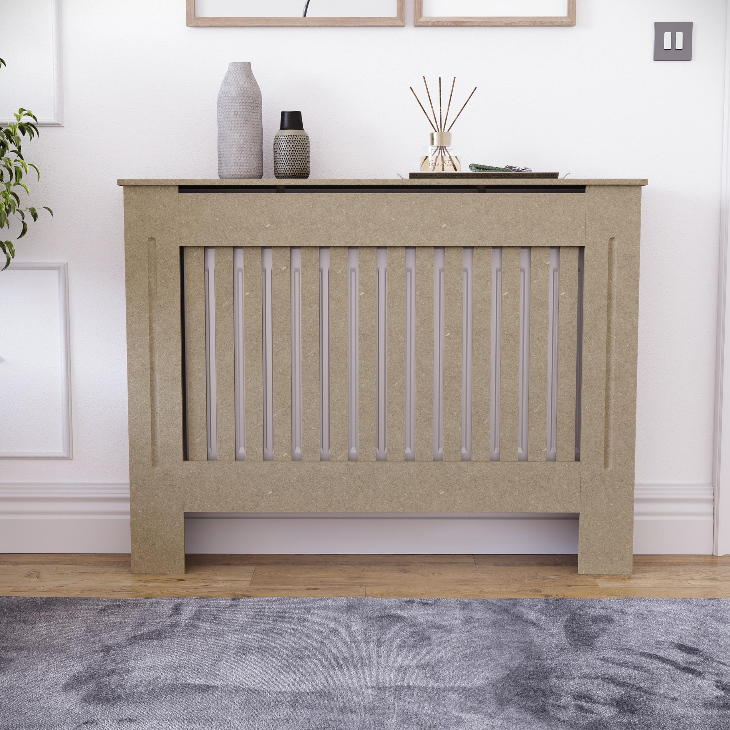 Vida Designs Chelsea Heizkörperabdeckung Unfinished - Mittel - Modernes vertikales Lamellendesign für optimale Wärmeverteilung - H82xW112xD19cm - Unlackiertes MDF-Möbel Ideal für Wohnzimmer und Flur