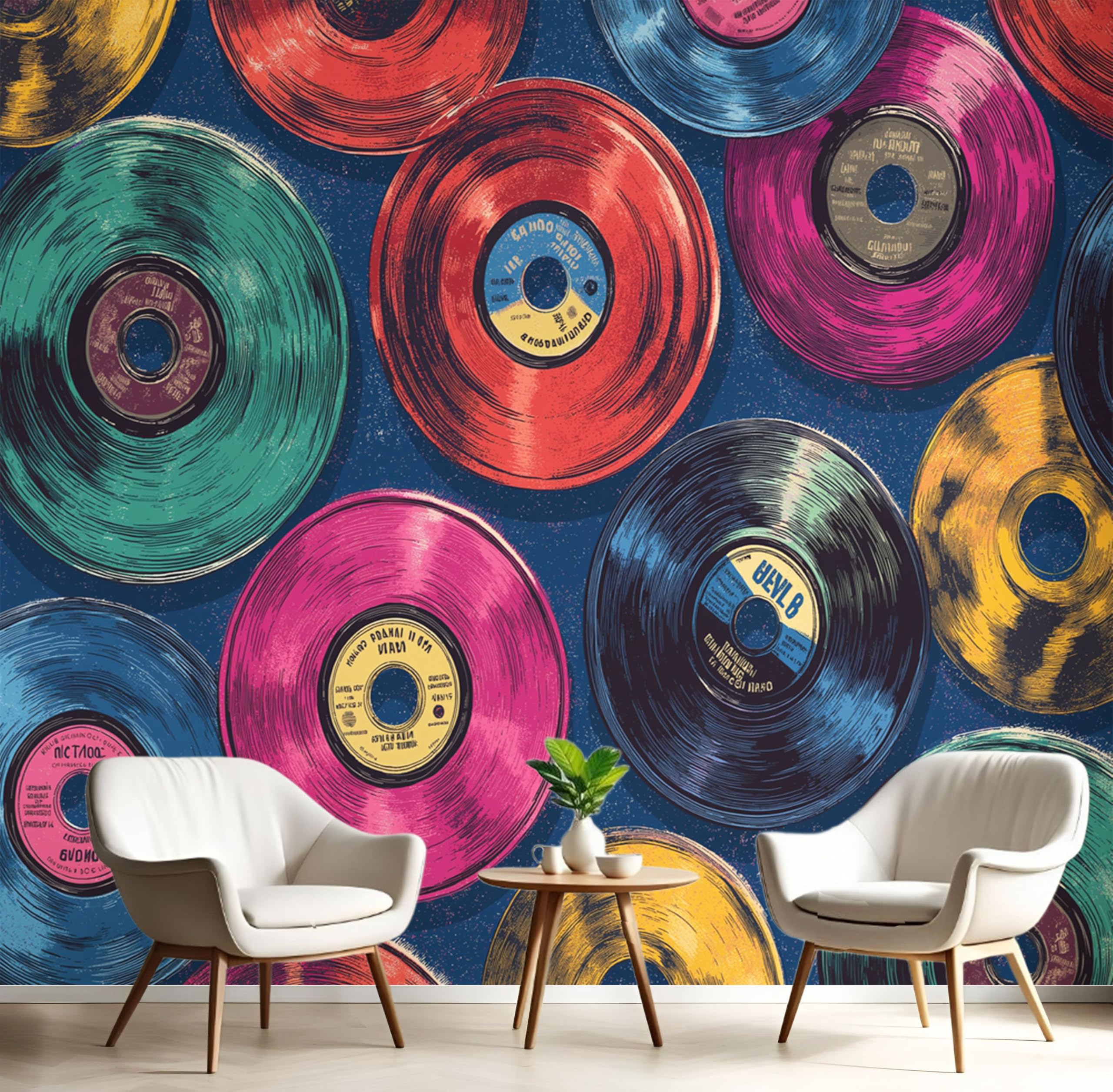 Papier peint panoramique disques vintage pour habiller un grand mur vide de salon 400x280