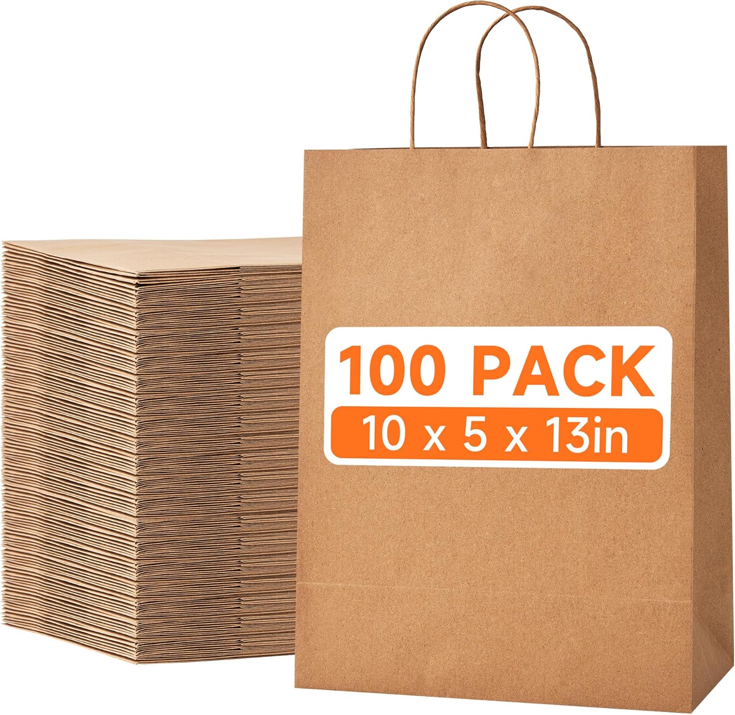 METAPRINT 100pcs Large Brown Paper Bags with Handles in Bulk, 10x5x13 Kraft Gift Bags, Recyclable Shopping Bags for Retail, Birthday, Parties & Weddings