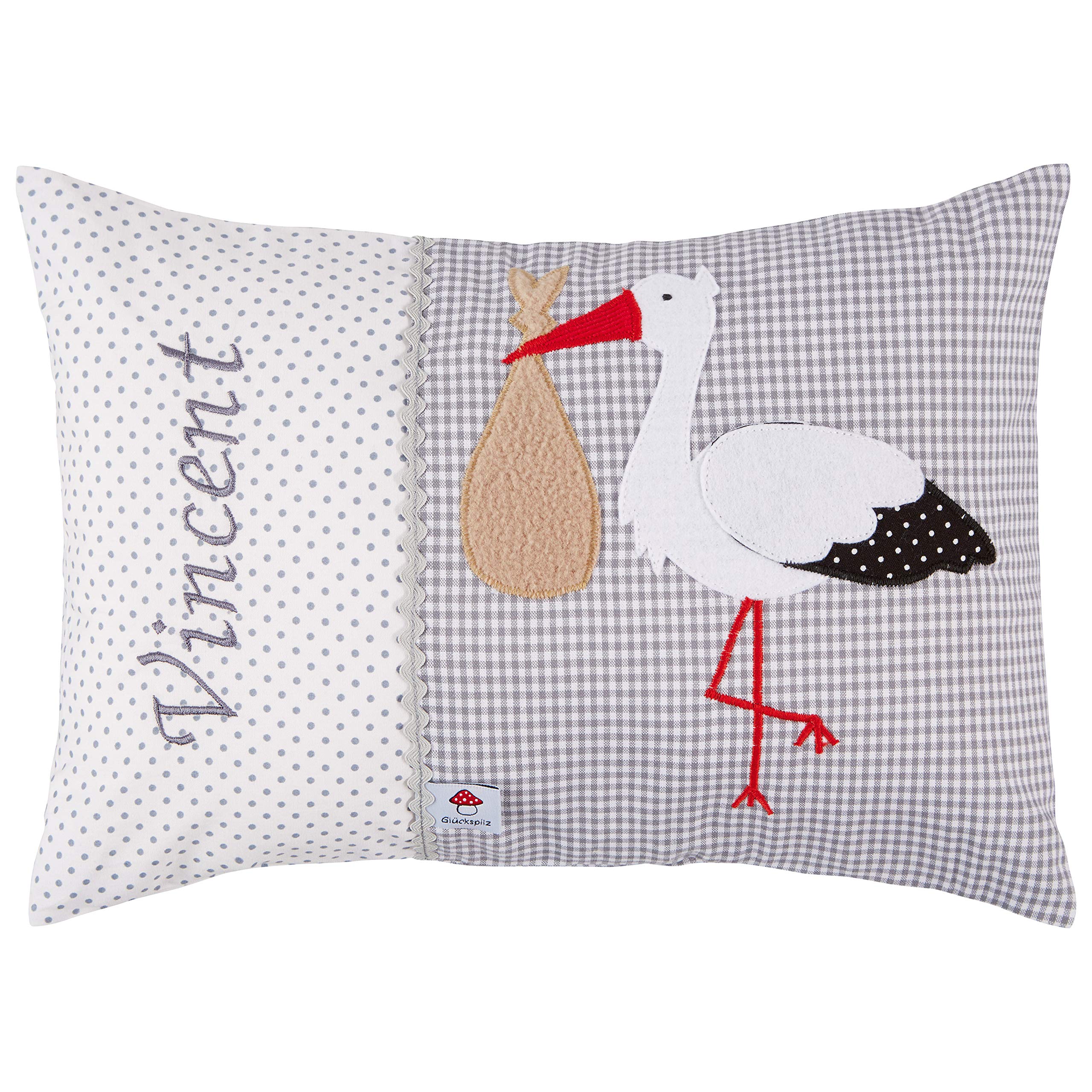 Glückspilz Namenskissen Babykissen, Storch, Grau, 25 x 35 cm