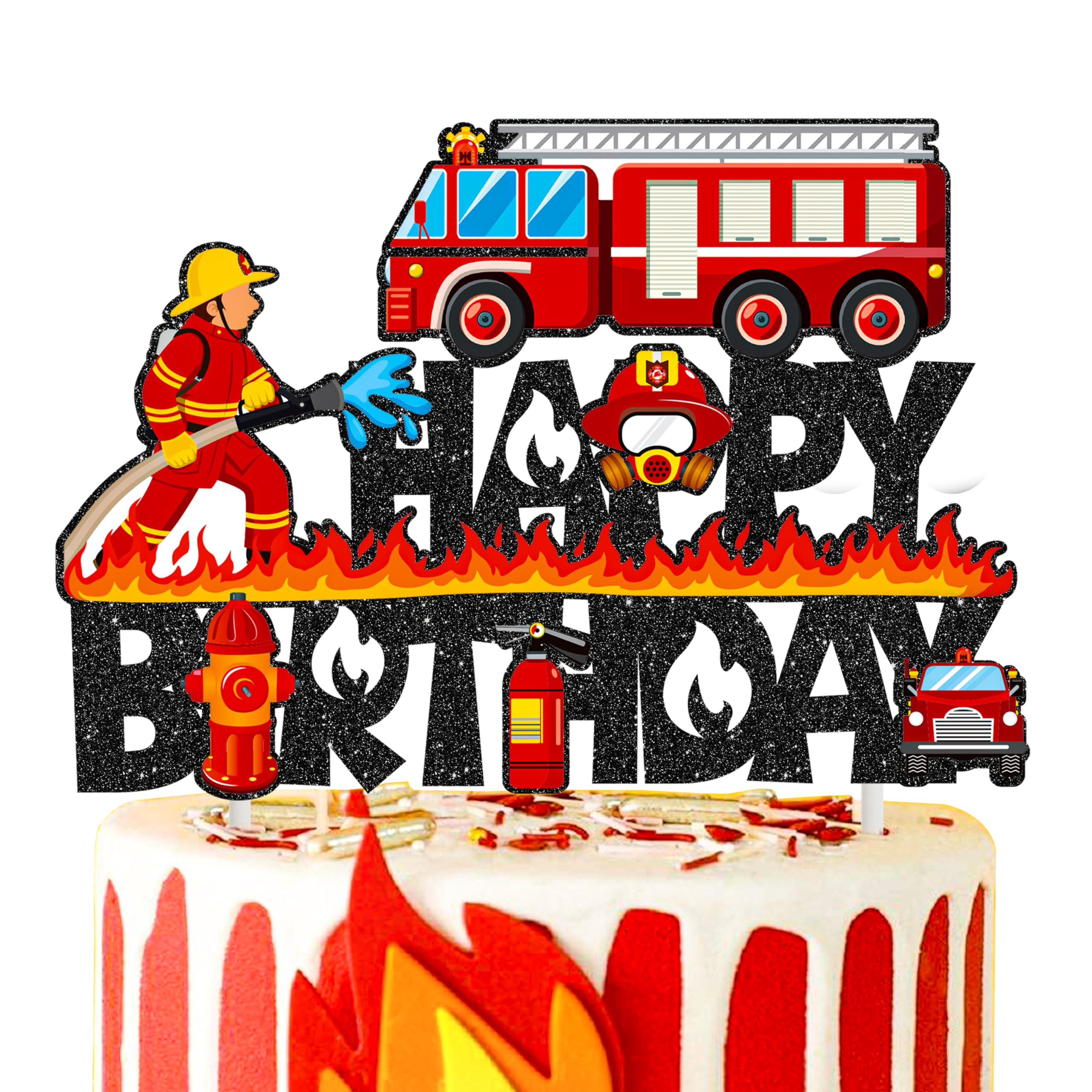 Fire Truck Happy Birthday Cake Topper Fireman Birthday Cake Topper Firetruck Party Decoration Fire Cake Pick for Fire Truck Theme Baby Shower Firefighter Helmet Alarm Engine Party Supplies