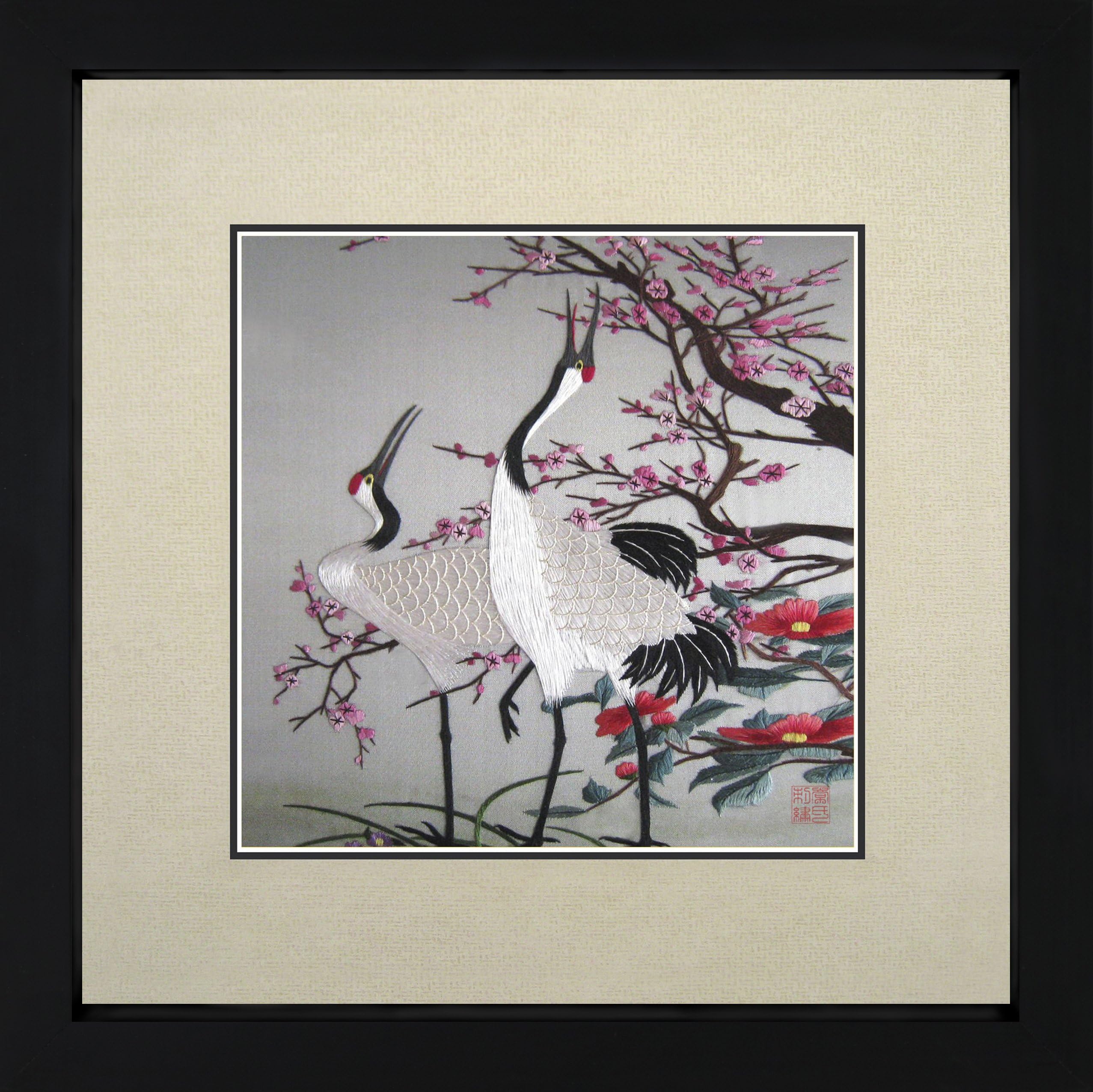 King Silk Art 100% Handmade Embroidery Framed Red Crowned Japanese Cranes & Cherry Blossoms Oriental Wall Hanging Art Asian Decoration Tapestry Artwork Picture Gifts 31074WFB2
