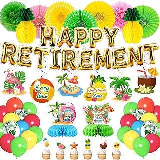 69PCS Luau Retirement Party Decorations Kit - Hawaiian Happy Retirement Banner Hanging Swirls Balloons Pom Poms Paper Fans Honeycomb Cupcake Toppers Beach Supplies