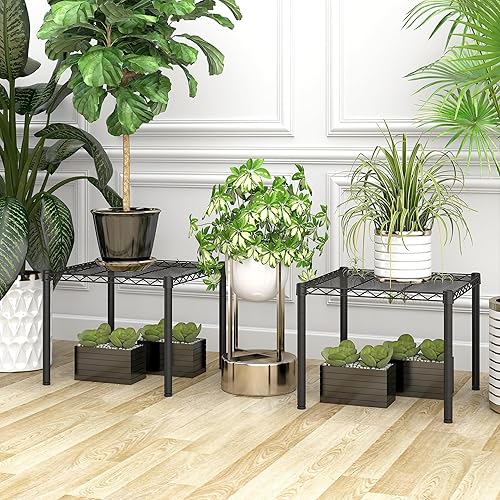 Miniatura 2 de Xiofio Paquete de 2 soportes de metal para plantas de interior y exterior, estantes ajustables multifuncionales para plantas, soportes de flores con
