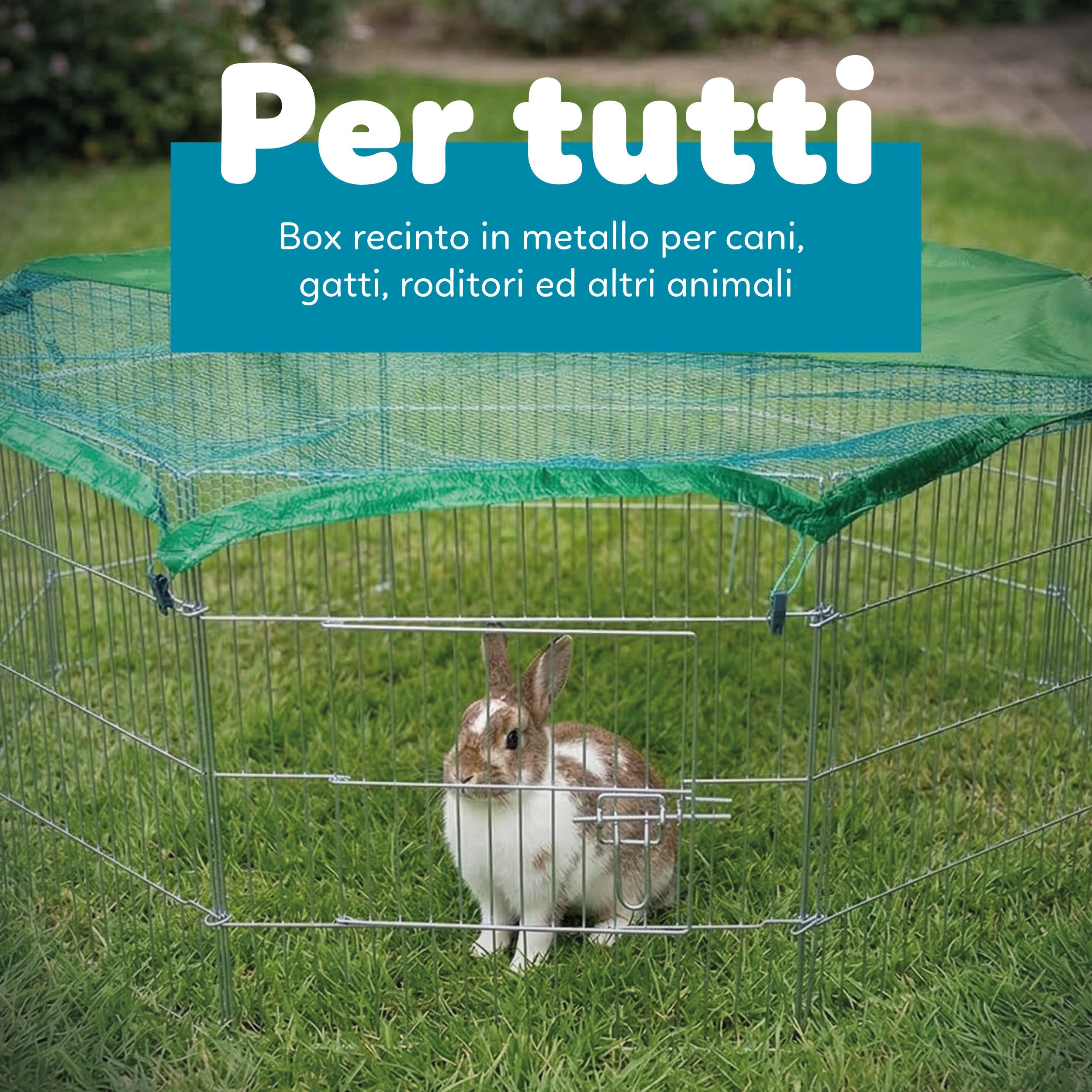 AQPET Recinto in ferro per Cani e Gatti Cuccioli Roditori Pieghevole 60x60 cm 8 Pezzi Per esterno da Giardino con Rete Parasole, Nero