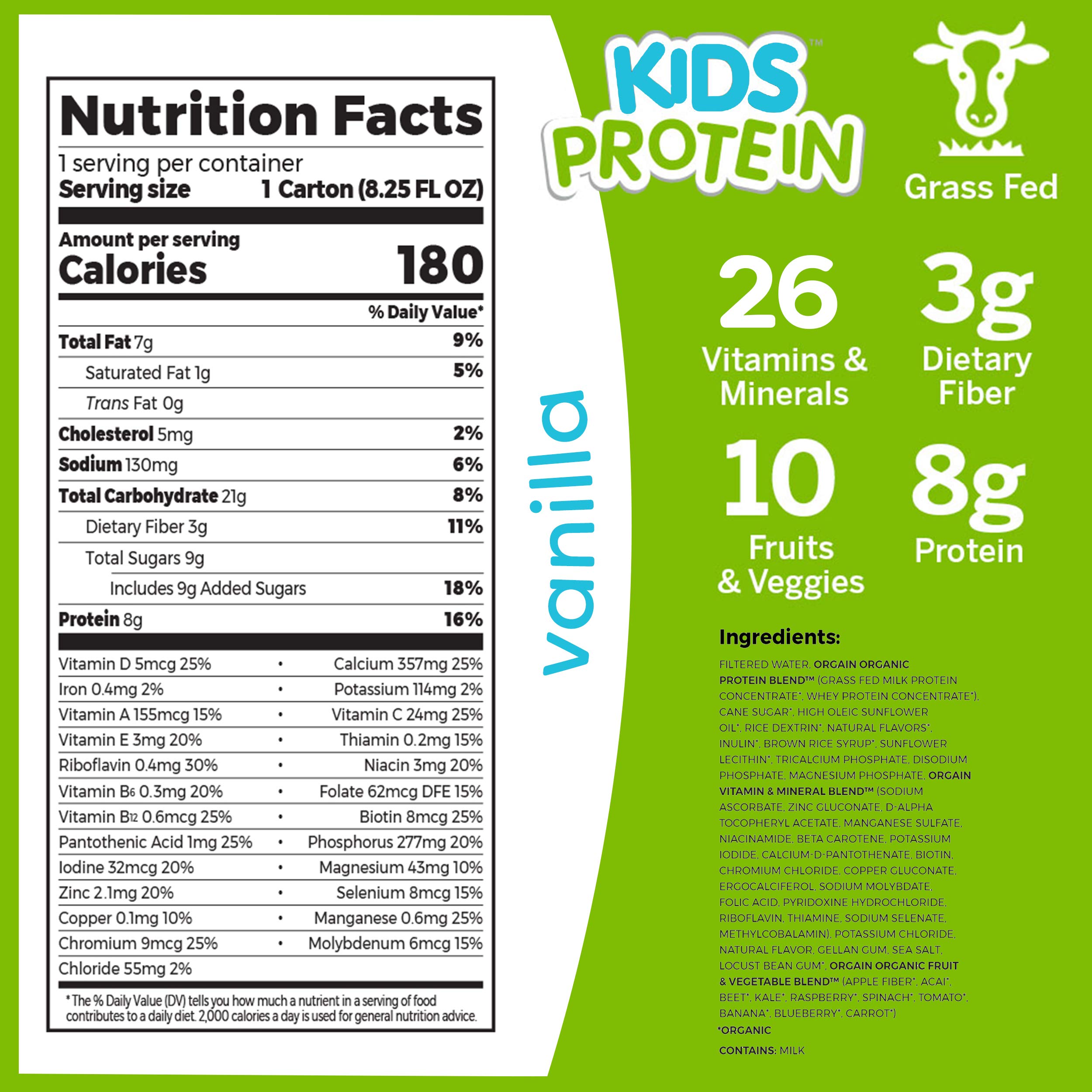 Orgain Organic Protein + Superfoods Powder, Vanilla Bean (2.02lb) and Orgain Organic Kids Nutritional Protein Shake, Vanilla (Pack of 12)