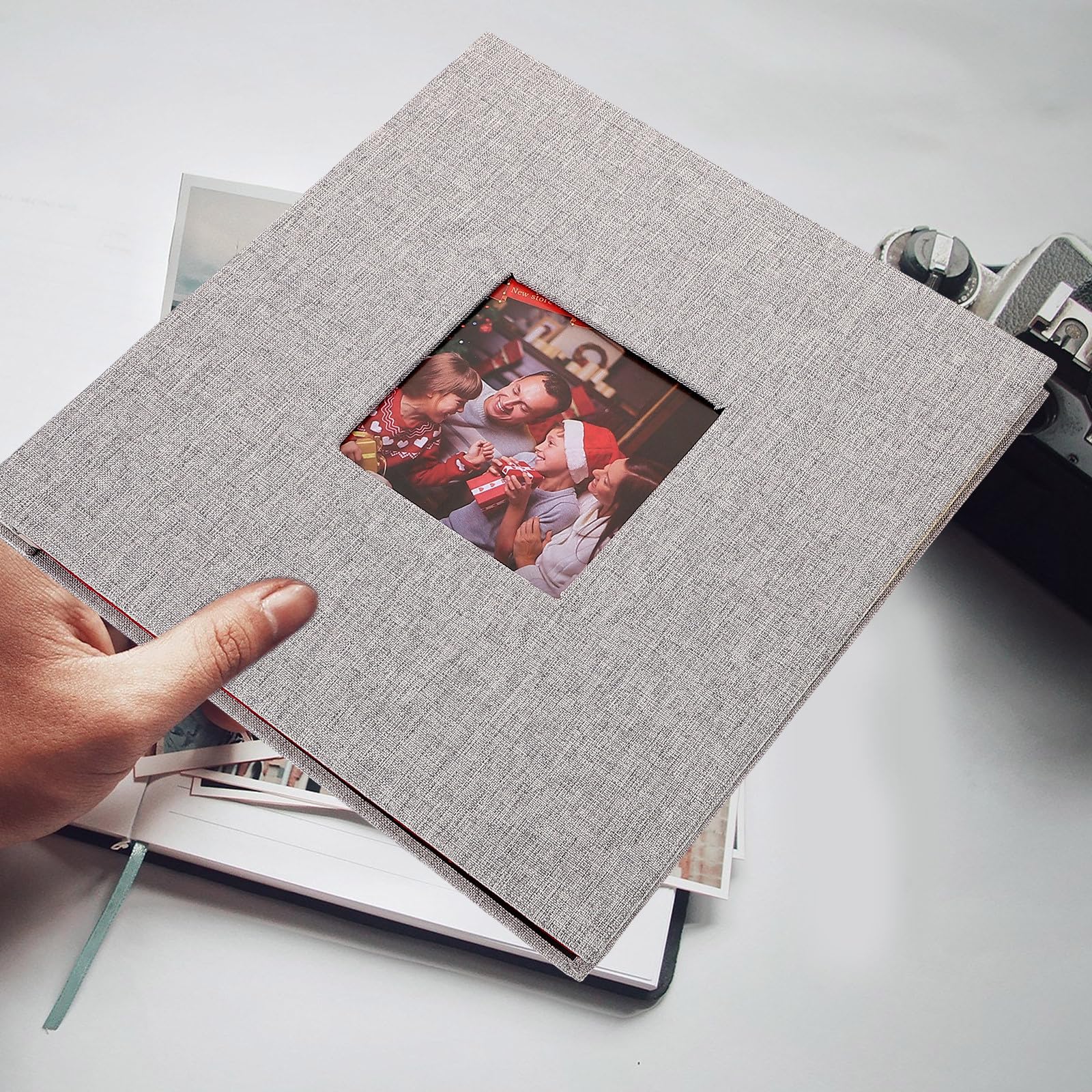 ifundom Album Fotografico con Finestra in Lino e Plastica, 20 Fogli, Set