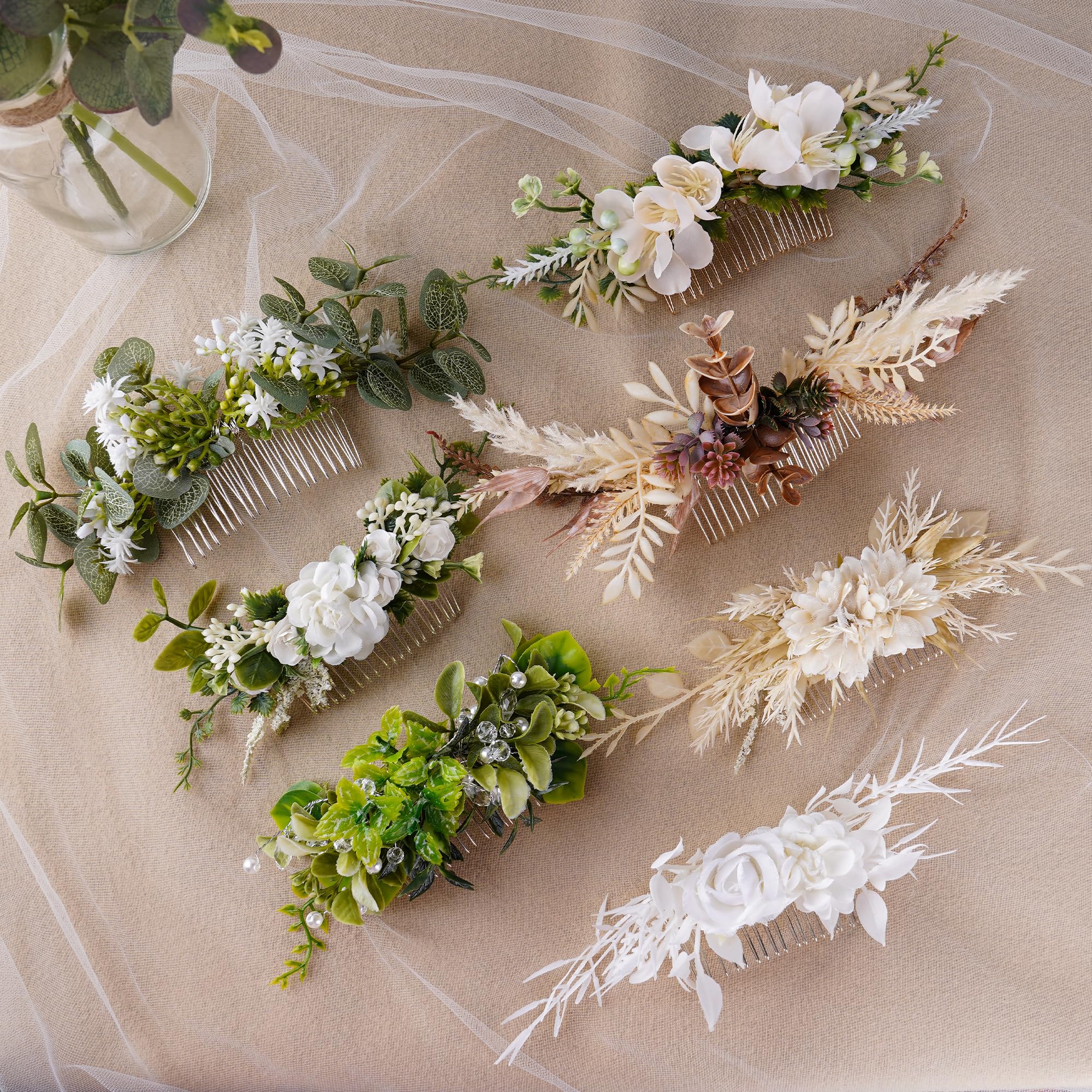 PartyforU Handmade Green Flower Hair Combs for Women Woodland Floral Combs for Boho Hair Combs for Wedding Bridal Shower Maternity Shoot Bachelorette Party Engagement - Image 4