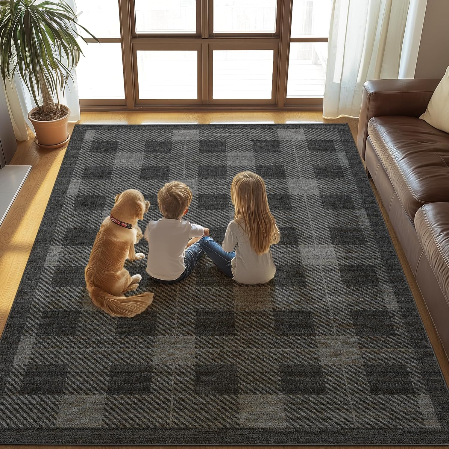 Washable 5x7 Checkered Rug for Living Room, Black Grey Checkerboard Modern Minimalist Large Foldable Area Rugs, Ultrathin Low Pile Soft Nonslip Indoor Carpet for Office Bedroom Playroom Classroom Dorm Black / Grey 5' x 7'