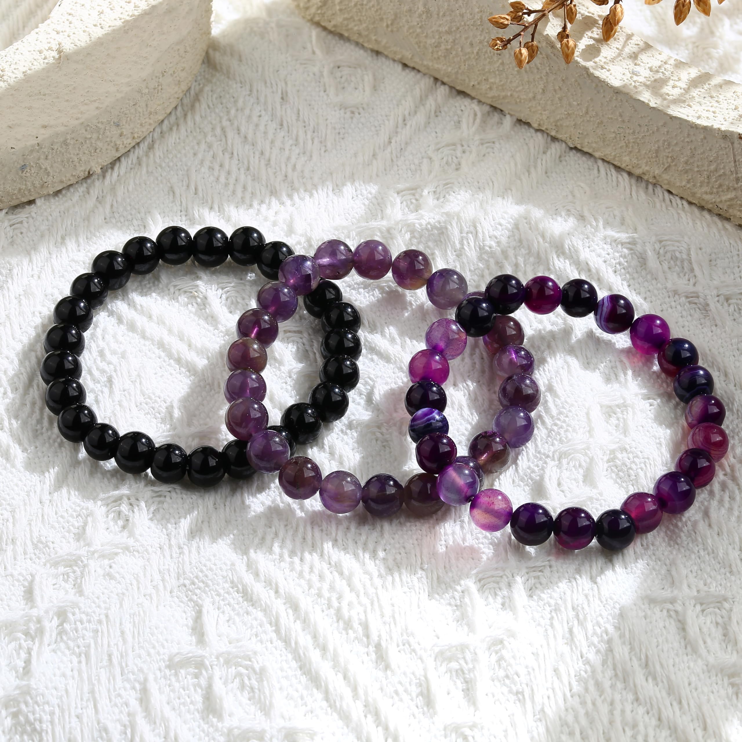 Adramata 3Pcs Bracelet Pierre Naturelle Femme en Pierre Naturelle de 8MM Perle Bracelet Anti Stress Élastique Empilable Pour Femmes Et Hommes Cristal Bracelets pour Femme Cadeau