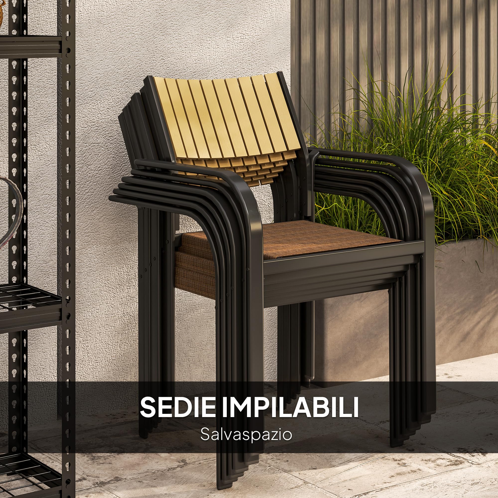 Outsunny Set Tavolo da Giardino Allungabile 7 Pezzi con Sedie Impilabili, Acciaio e Textilene, Marrone