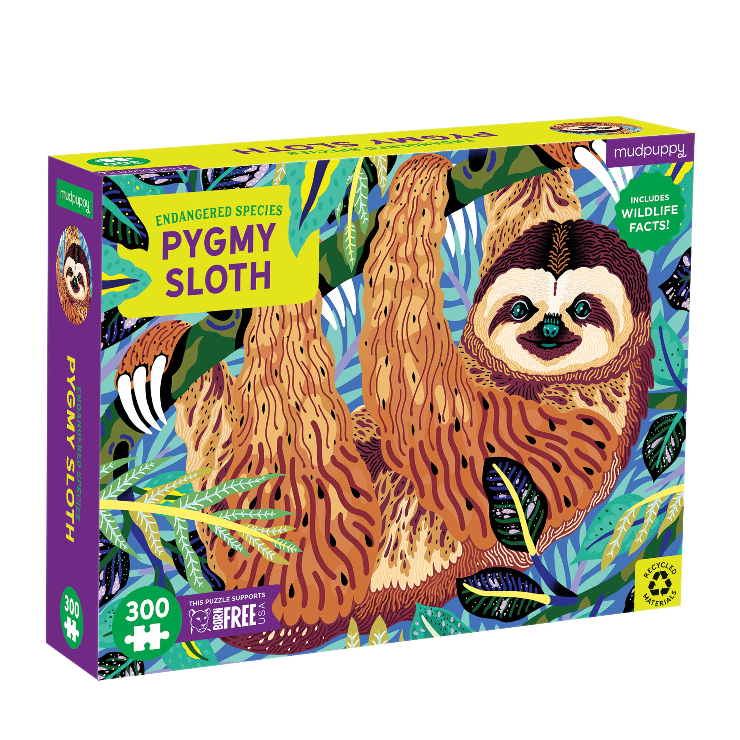 Mudpuppy Pygmy Sloth Endangered Species 300 Piece Puzzle from Mudpuppy - Celebrate Threatened Creatures with This Jigsaw Puzzle for Kids, 1% Donated to Born Free USA, 24" x 18", Ages 7+