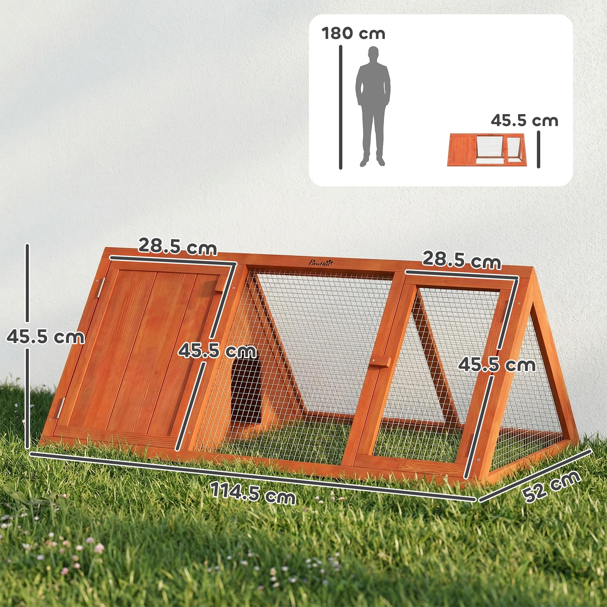 Jaula para conejos PawHut, jaula de madera para cobayas con recinto exterior y puertas, caseta triangular para conejos, patos pequeños y gallinas, para uso en interiores y exteriores, color naranja