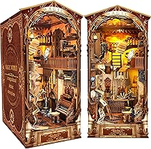 BuzzoXerex DIY Book Nook 3D Wooden Bookends with Dustproof Cover, DIY Miniature Kit with LED Light Manual for Home Decor Bookcases and Making Creative Gifts (Magic World)