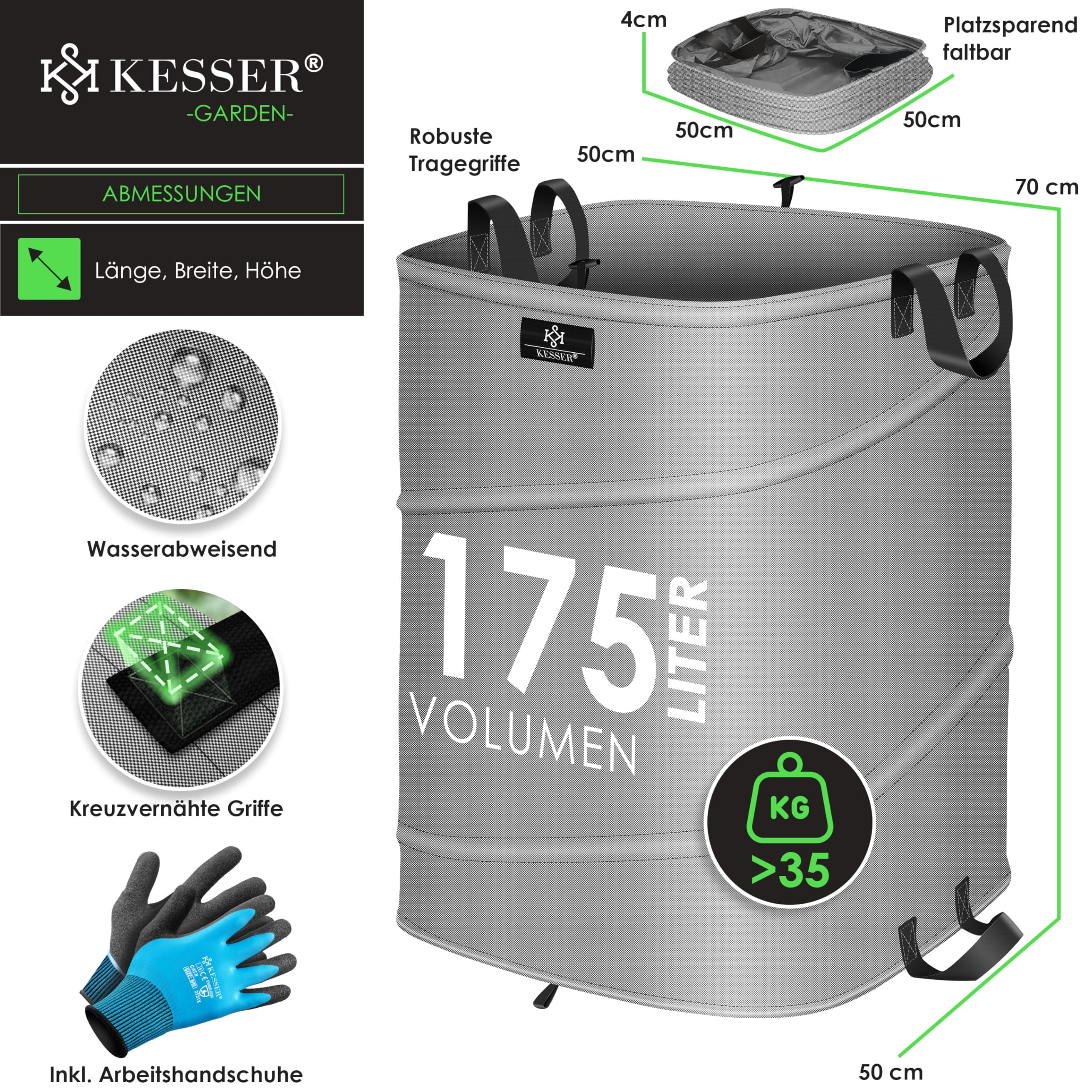 KESSER® Set di Sacchi da Giardino Pop-up - 4x 175 Litri, Sacco per Rifiuti da Giardino con Guanti, Autoportante con Maniglie, Robusto, Robusto e Richiudibile, Grigio/Nero