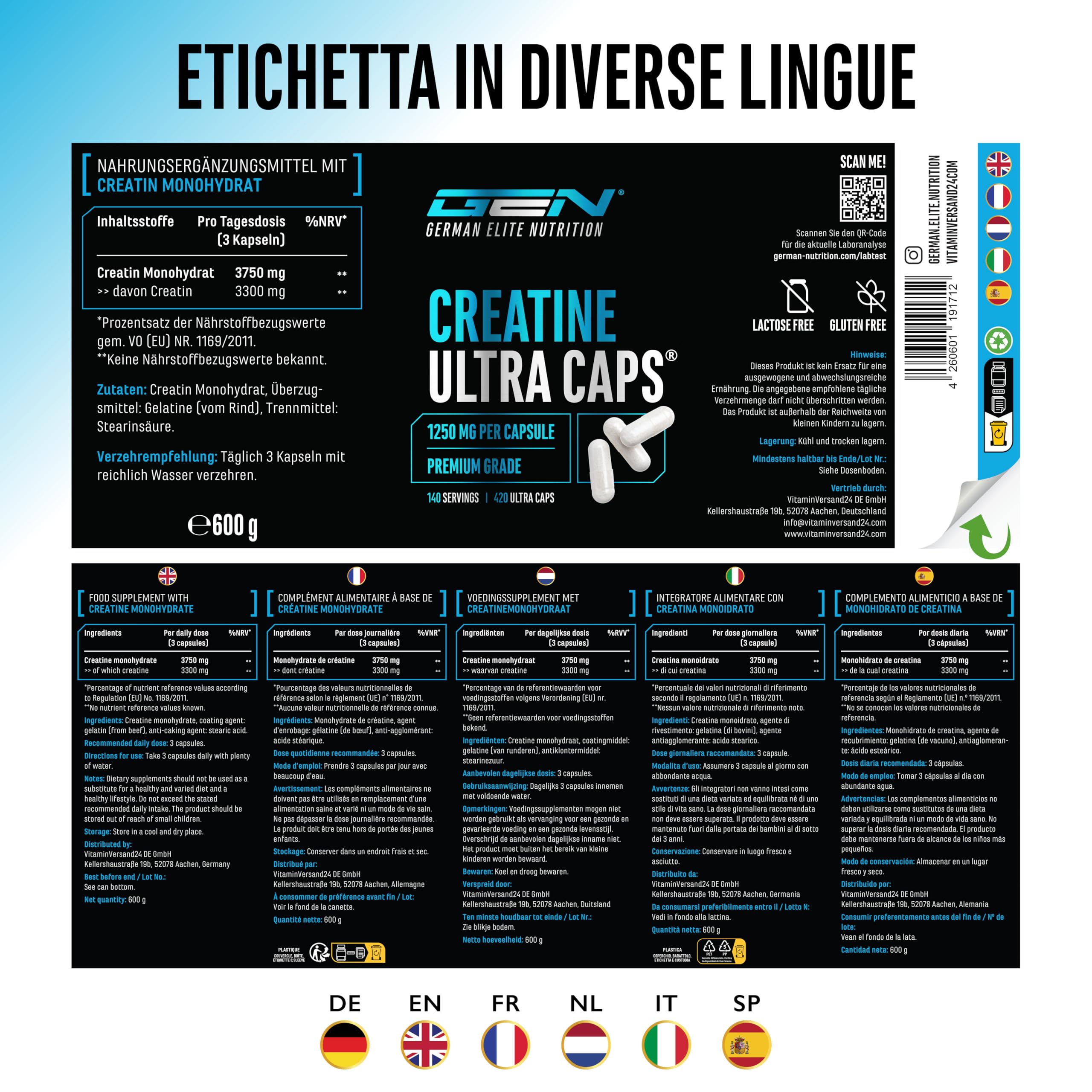 Creatina Ultra Caps - 420 capsule con 1250 mg ciascuna di creatina monoidrato pura - Premium: Ultrafine + Mesh Factor di 200 - Dosaggio elevato