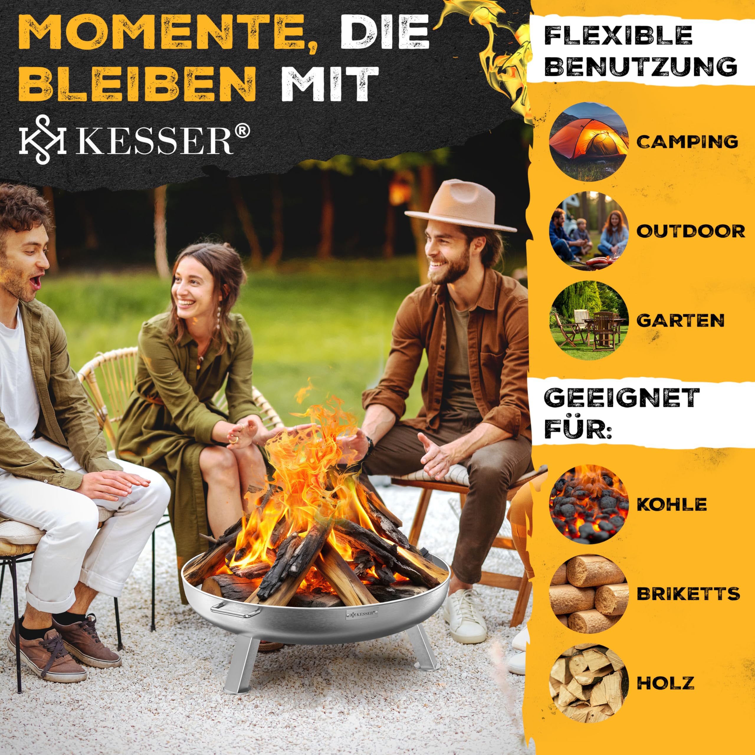 KESSER Feuerschale 2,5mm Stahldicke Ø80cm legierter Stahl Feuerkorb mit Feuerhaken Gusseisen für Garten Terrasse