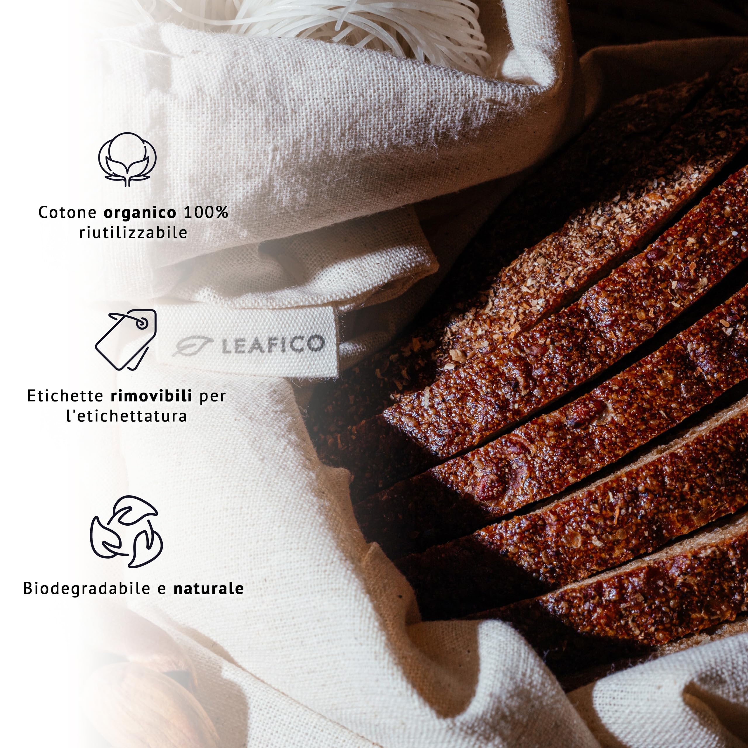 Leafico Sacchetti in Cotone Riutilizzabili Large 25x30 cm per Verdura, Frutta, Cipolle, Pane, Spesa Sfusa – Sacche Grandi Multiuso Lavabili e Naturali per Casa e Organizer – Confezione da 12 Pezzi