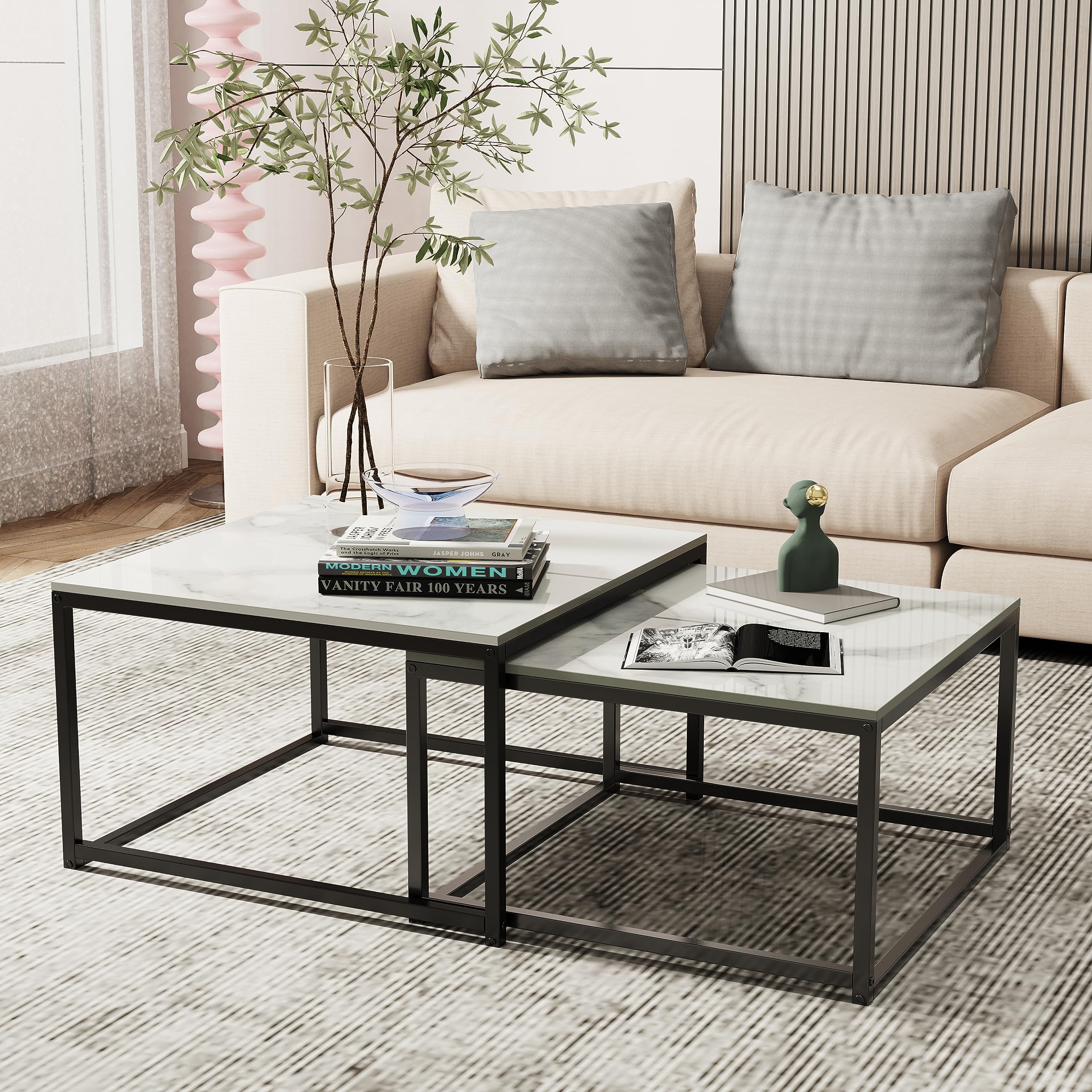Ceramica Set di 2 Tavolini da Caffè Bianco Quadrato Tavolino da Salotto